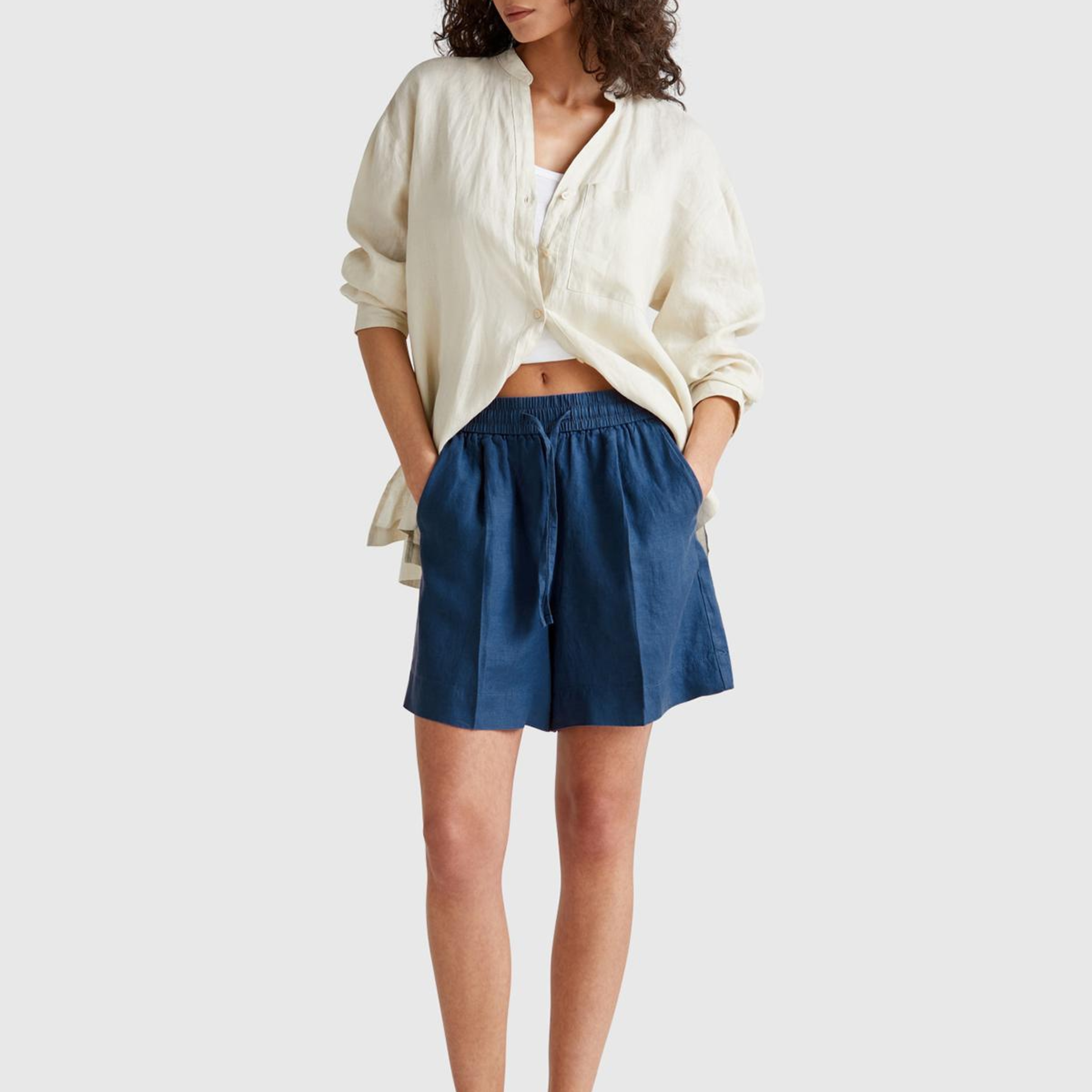 Kadın Denim %100 Keten Büzgü İpli Cepli Bermuda Şort