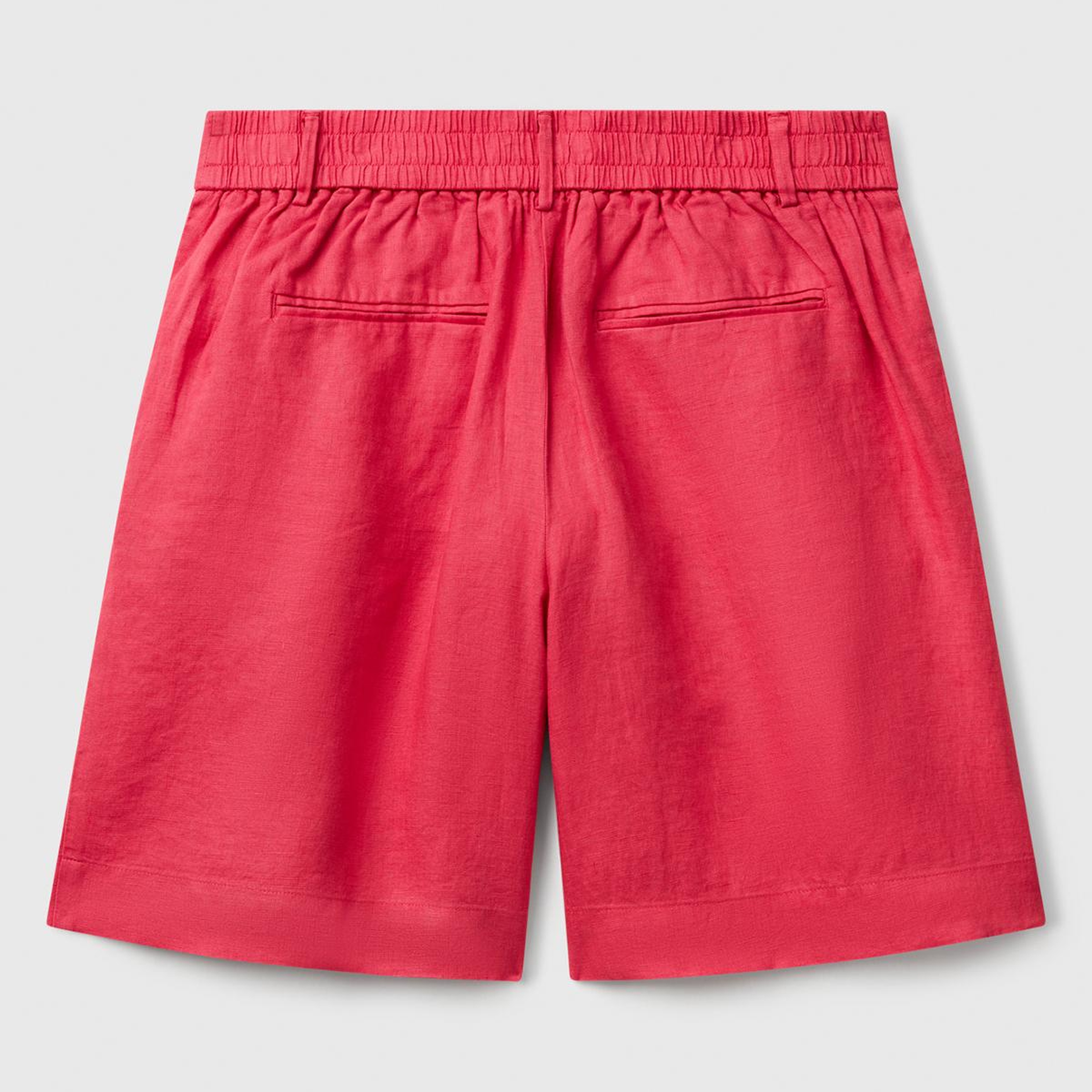 Kadın Fuşya %100 Keten Arka Beli Lastikli Pileli Relax Fit Bermuda Şort