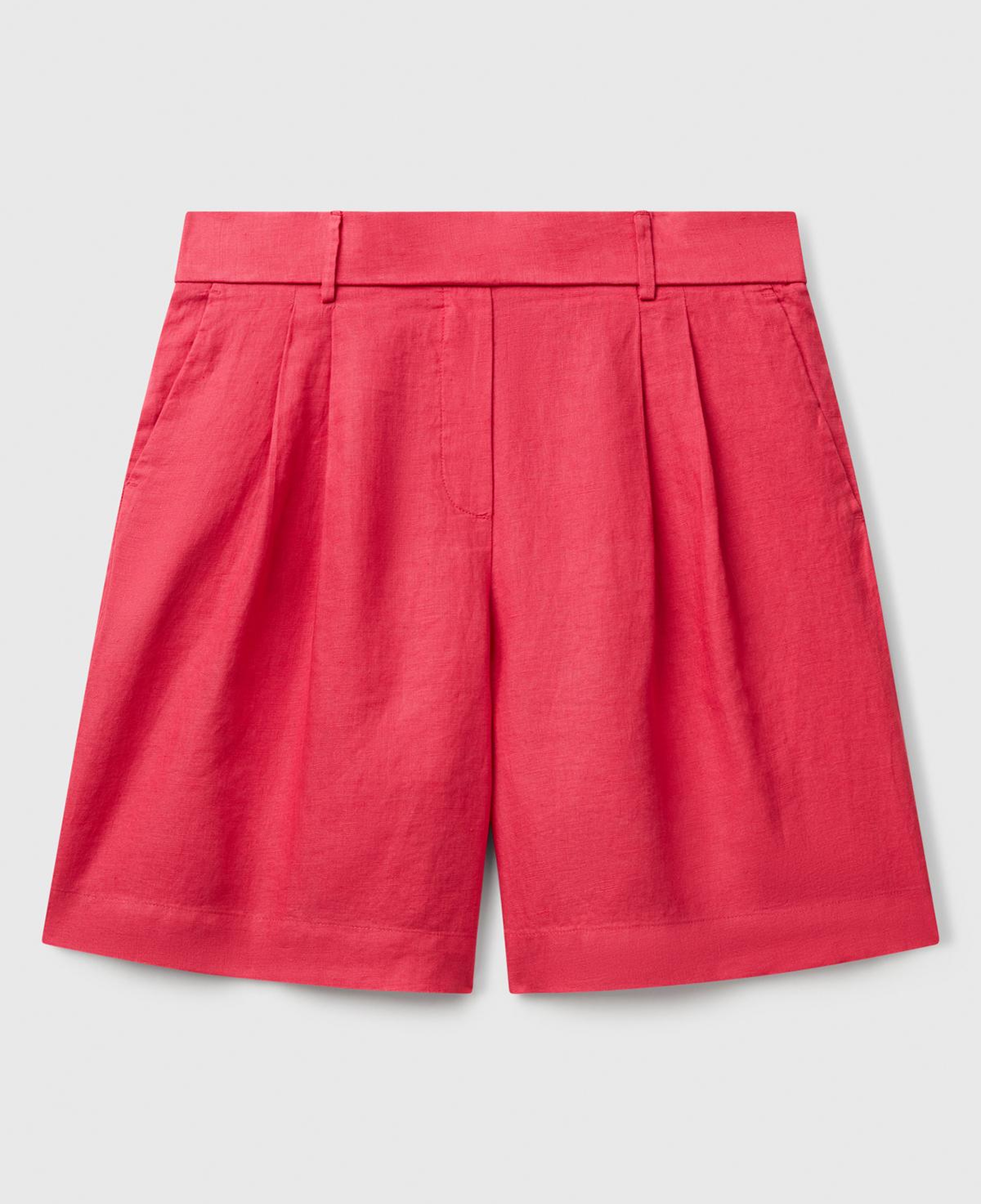 Kadın Fuşya %100 Keten Arka Beli Lastikli Pileli Relax Fit Bermuda Şort
