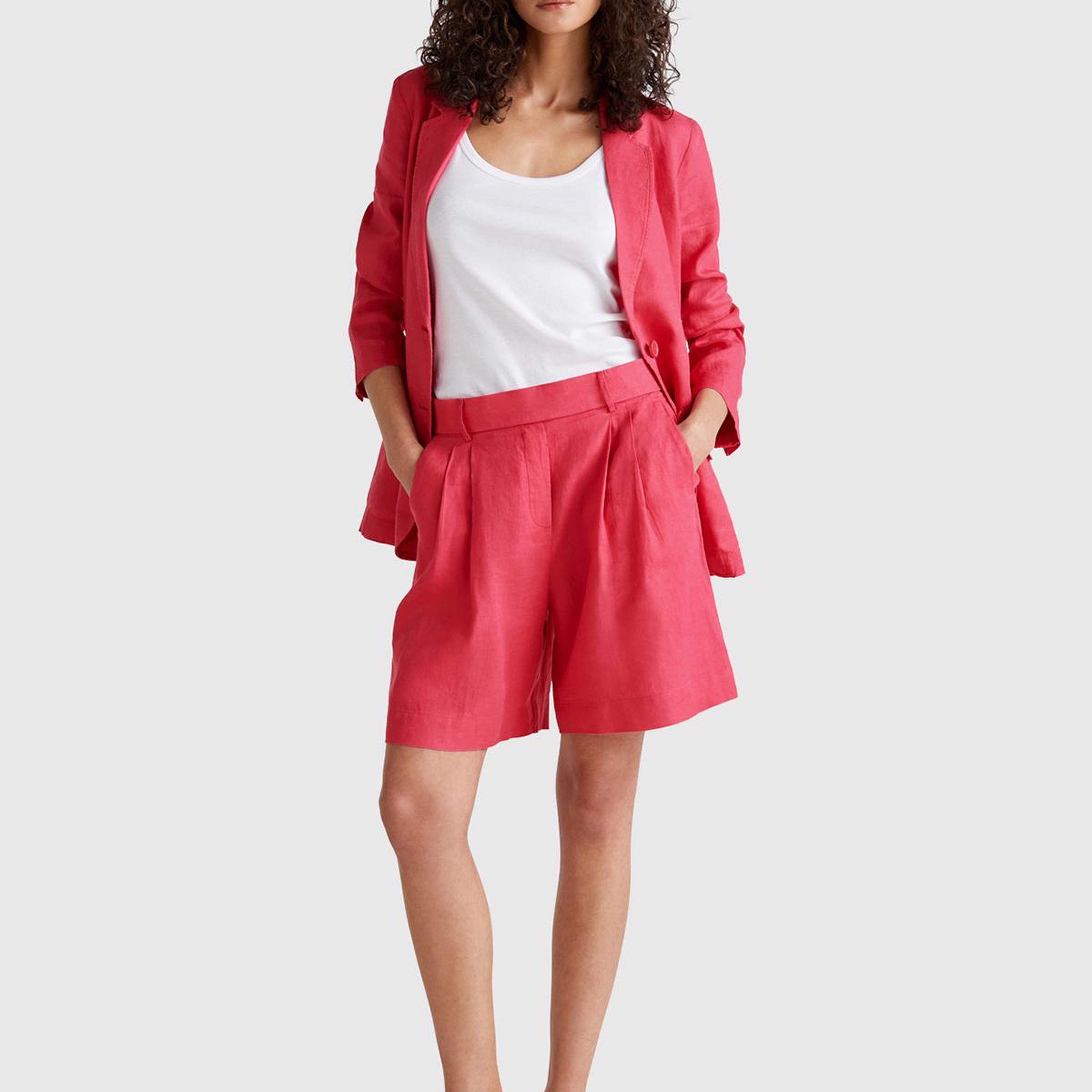 Kadın Fuşya %100 Keten Arka Beli Lastikli Pileli Relax Fit Bermuda Şort