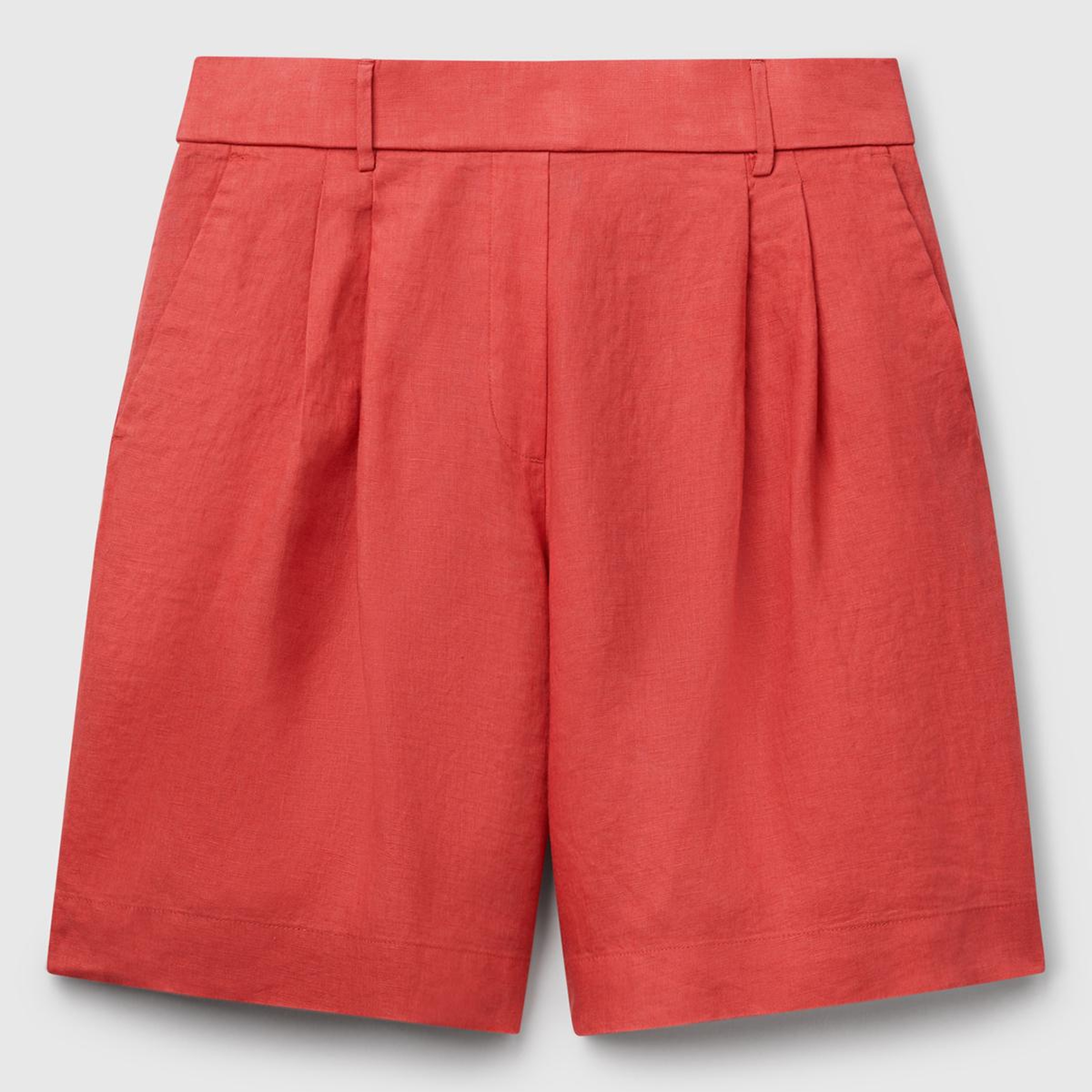 Kadın Mercan %100 Keten Arka Beli Lastikli Pileli Relax Fit Bermuda Şort