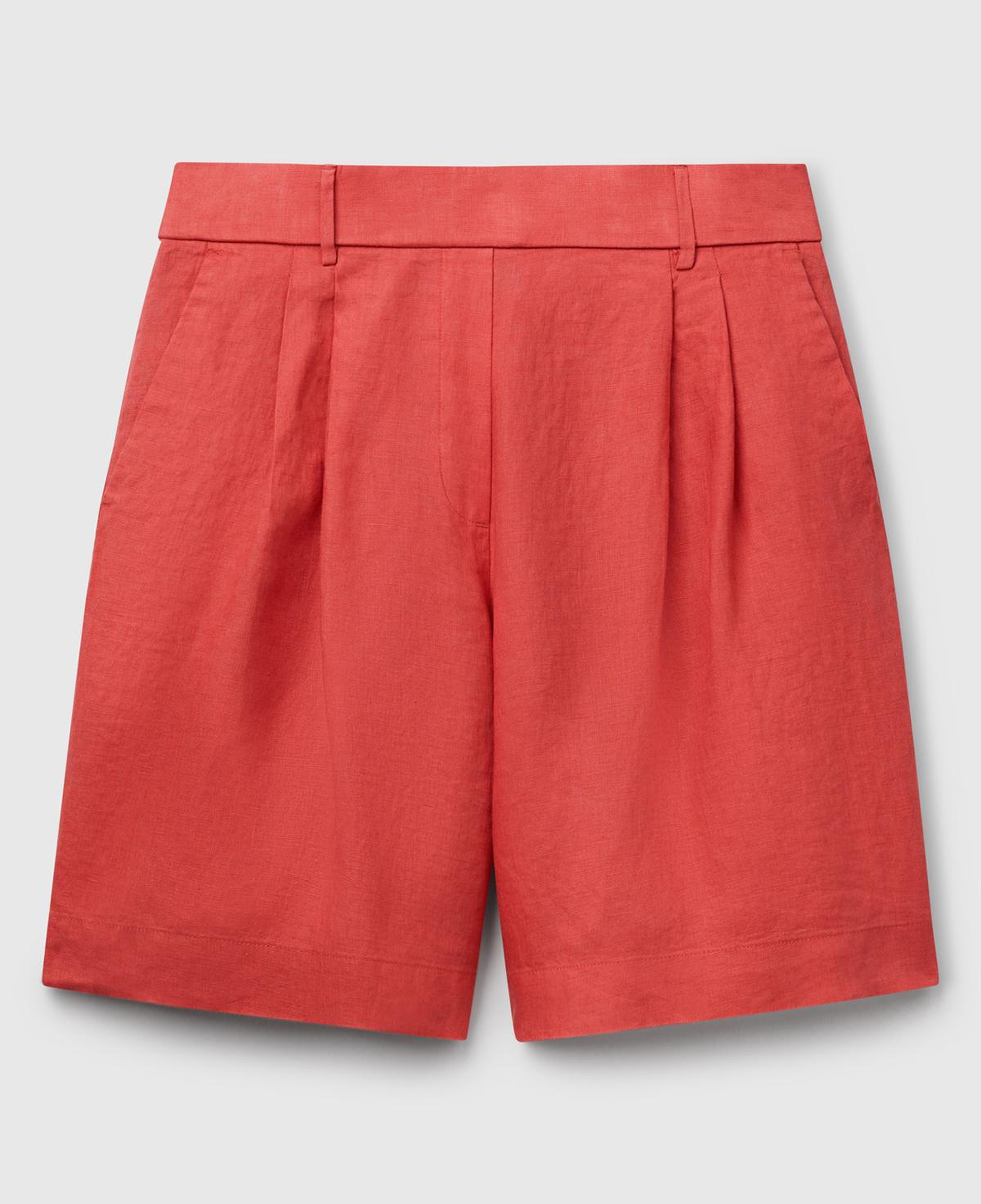 Kadın Mercan %100 Keten Arka Beli Lastikli Pileli Relax Fit Bermuda Şort