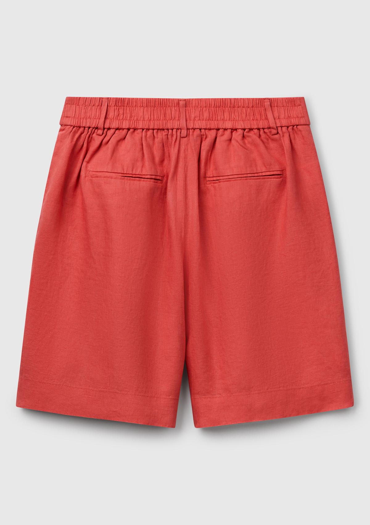 Kadın Mercan %100 Keten Arka Beli Lastikli Pileli Relax Fit Bermuda Şort