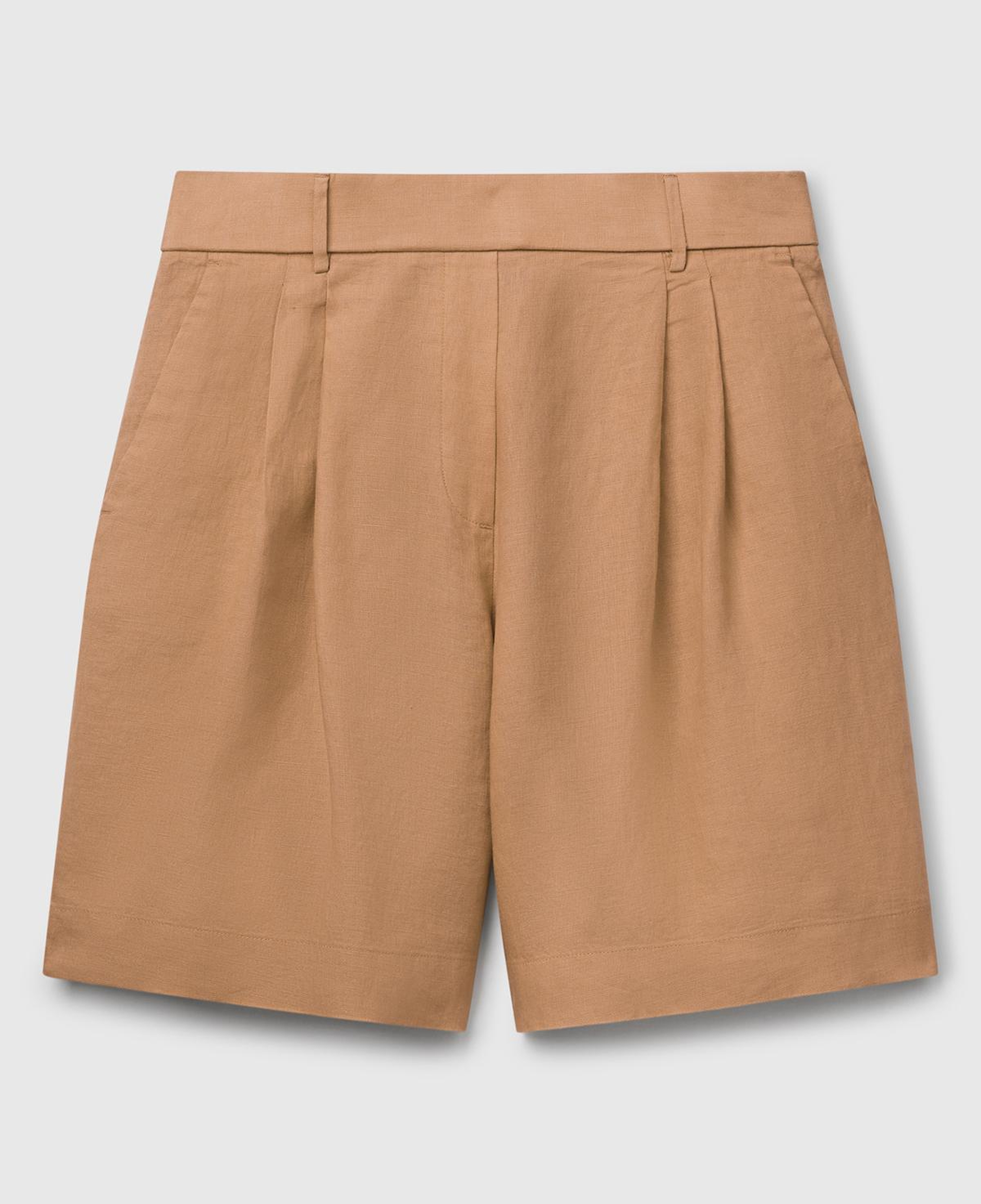 Kadın Bej %100 Keten Arka Beli Lastikli Pileli Relax Fit Bermuda Şort