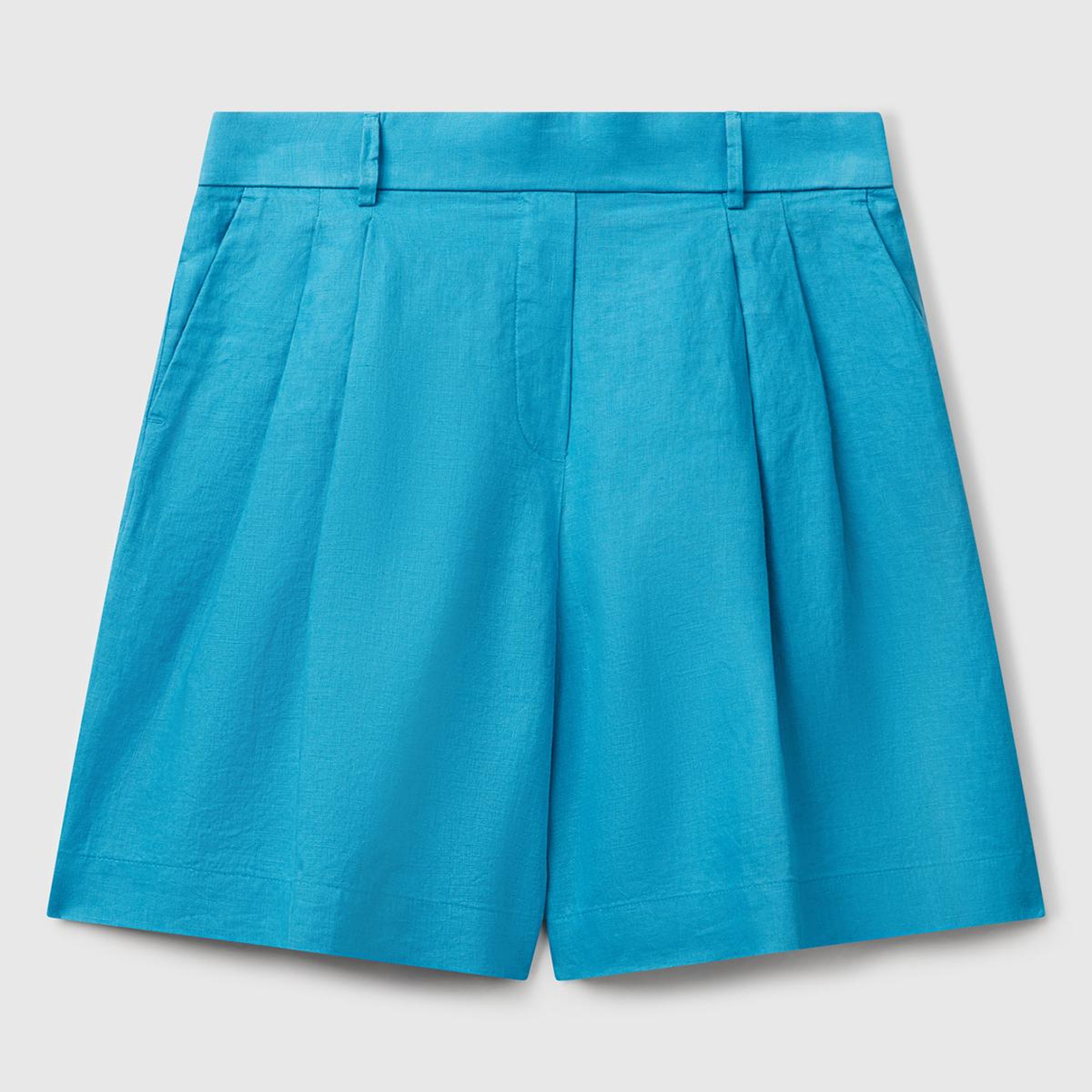 Kadın Mavi %100 Keten Arka Beli Lastikli Pileli Relax Fit Bermuda Şort