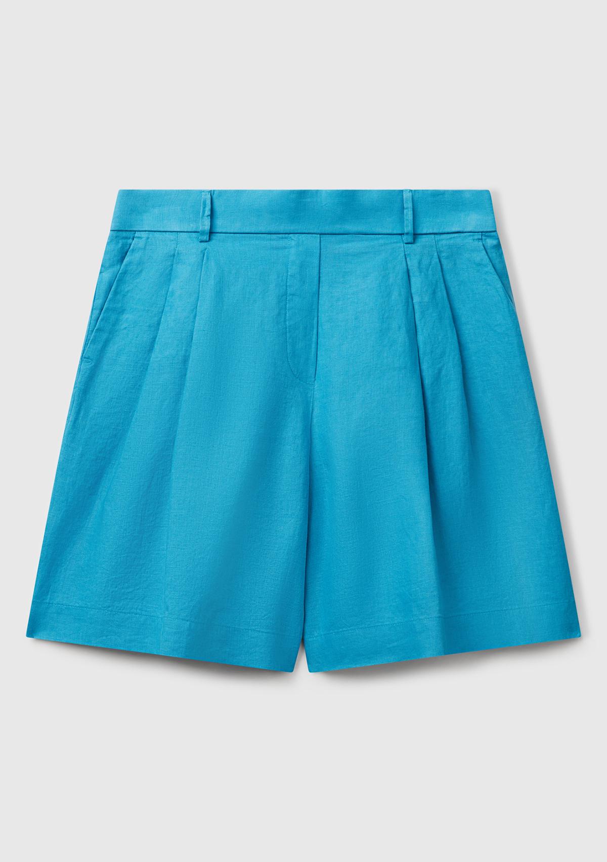 Kadın Mavi %100 Keten Arka Beli Lastikli Pileli Relax Fit Bermuda Şort