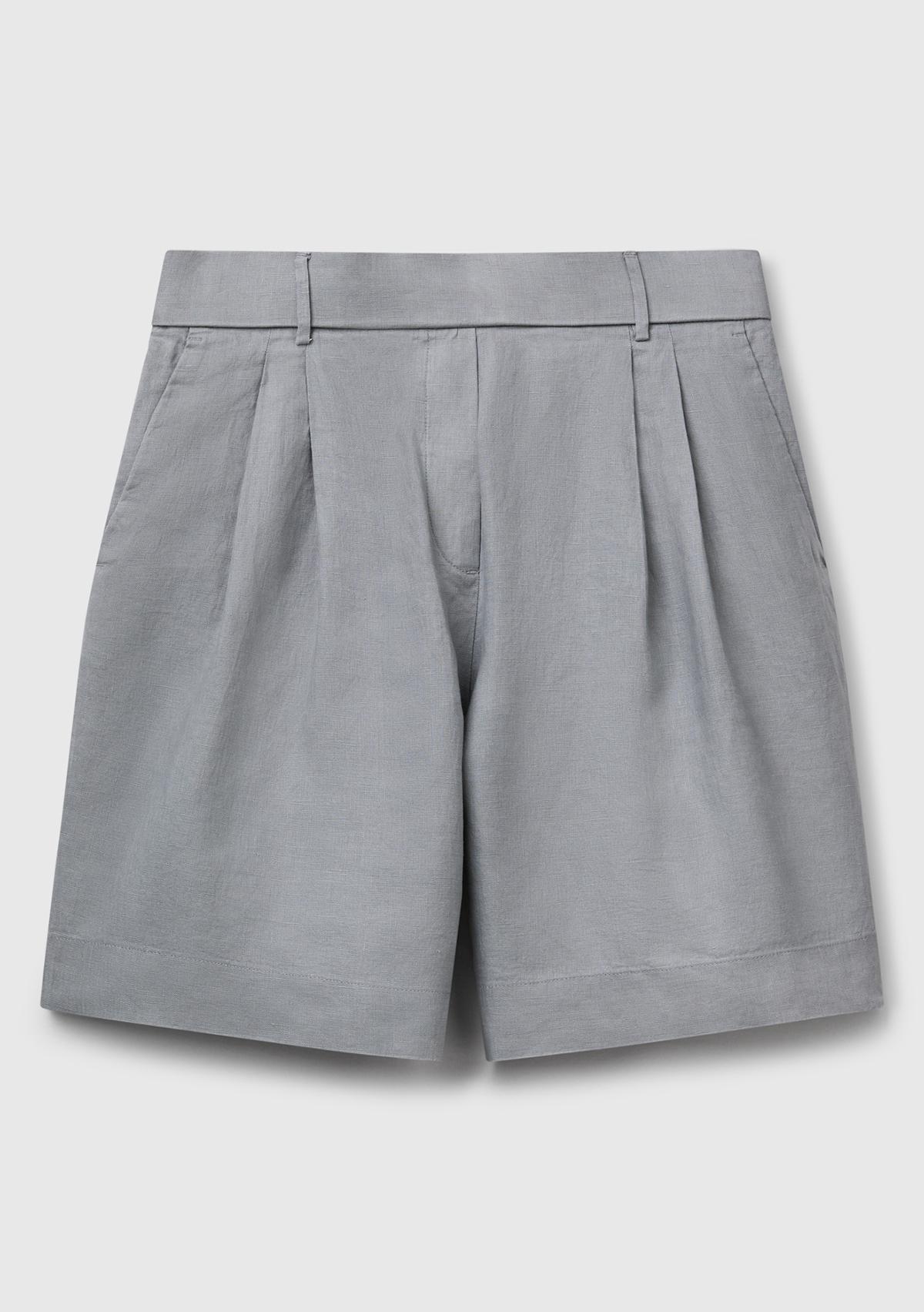 Kadın Gri %100 Keten Arka Beli Lastikli Pileli Relax Fit Bermuda Şort