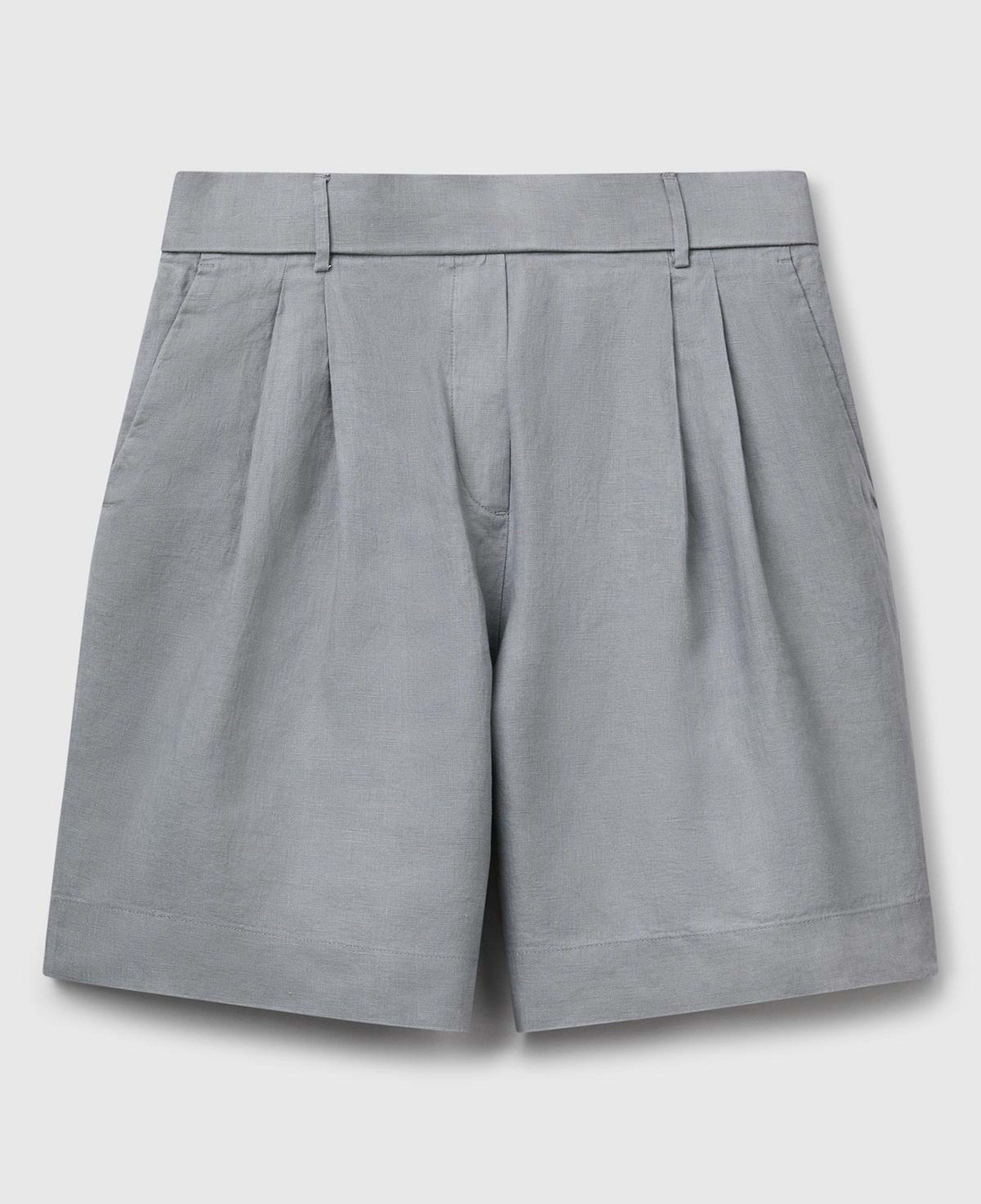 Kadın Gri %100 Keten Arka Beli Lastikli Pileli Relax Fit Bermuda Şort