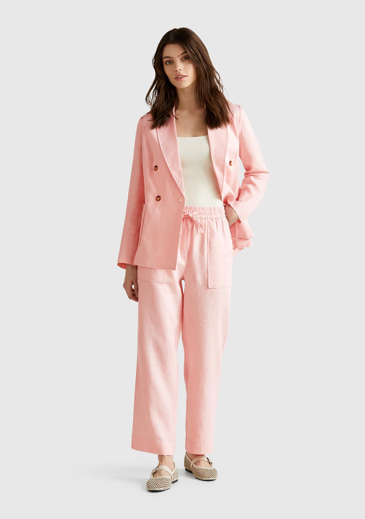 Kadın Pembe %100 Keten Büzgü İpli Cepli Sigaret Pantolon