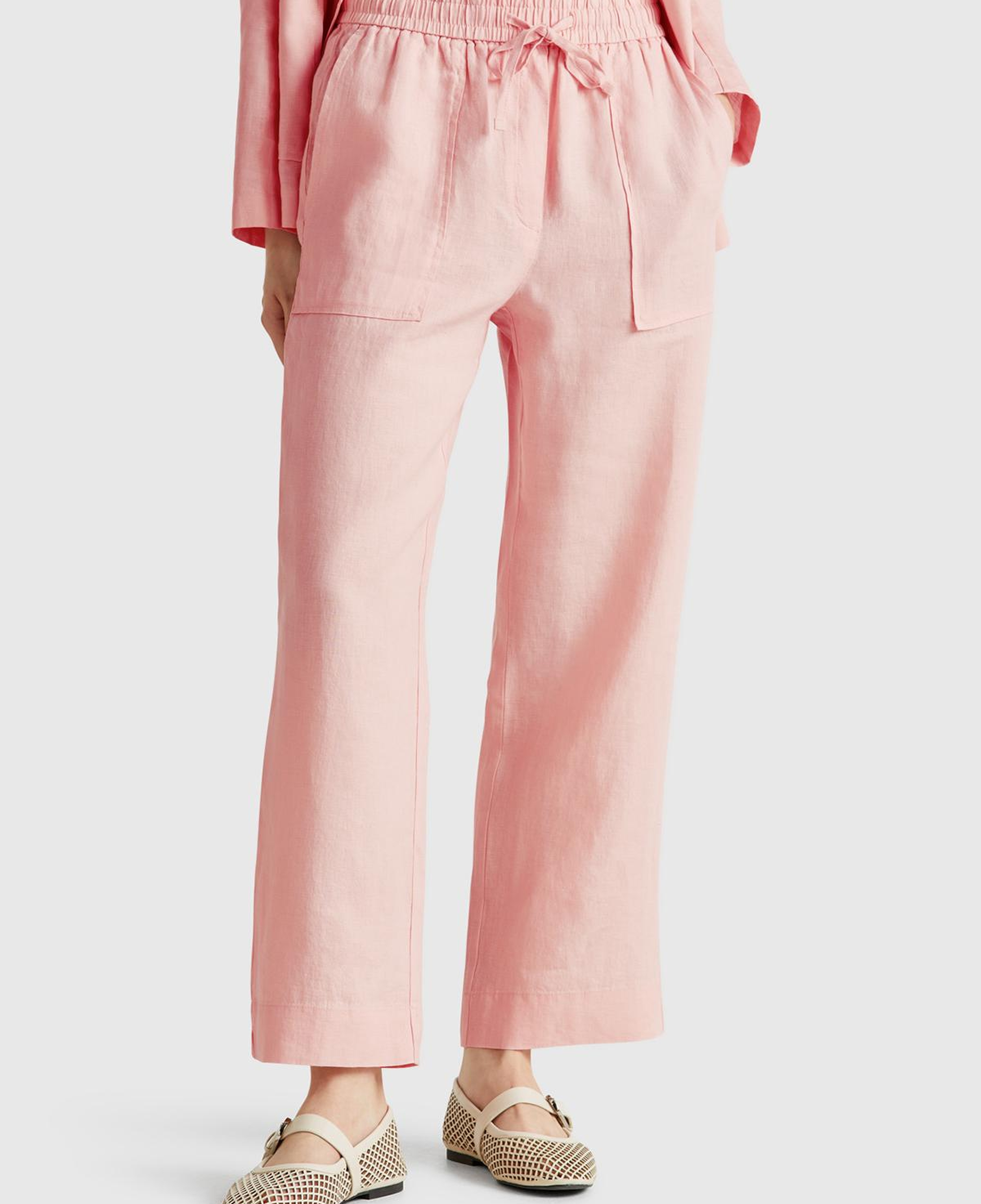 Kadın Pembe %100 Keten Büzgü İpli Cepli Sigaret Pantolon