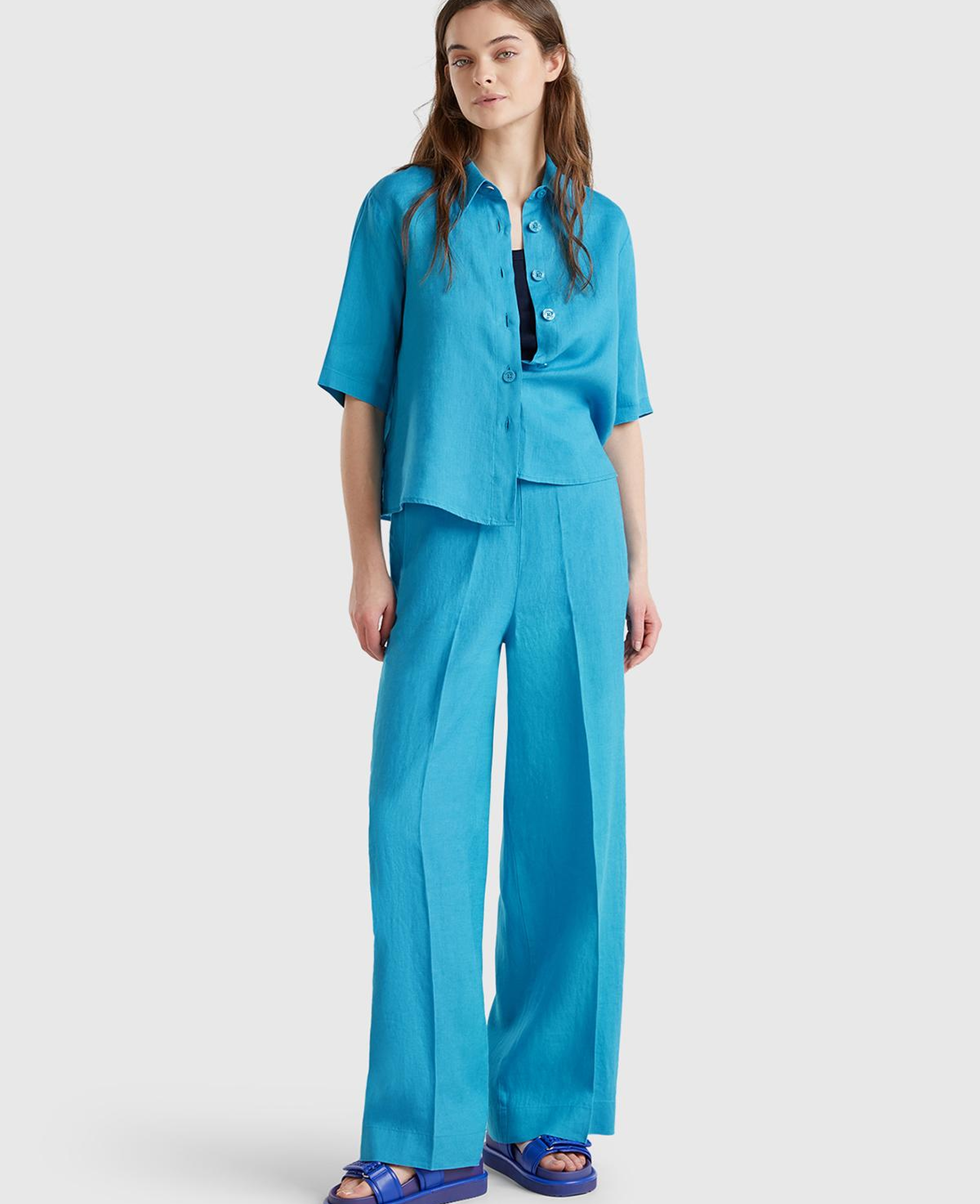 Kadın Mavi %100 Keten Yan Cepli Arka Beli Lastikli Palazzo Pantolon