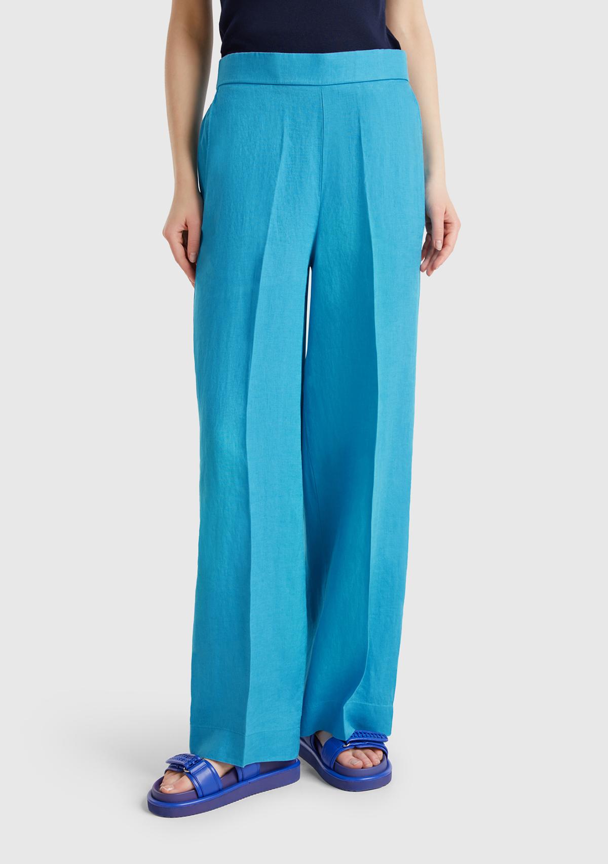 Kadın Mavi %100 Keten Yan Cepli Arka Beli Lastikli Palazzo Pantolon