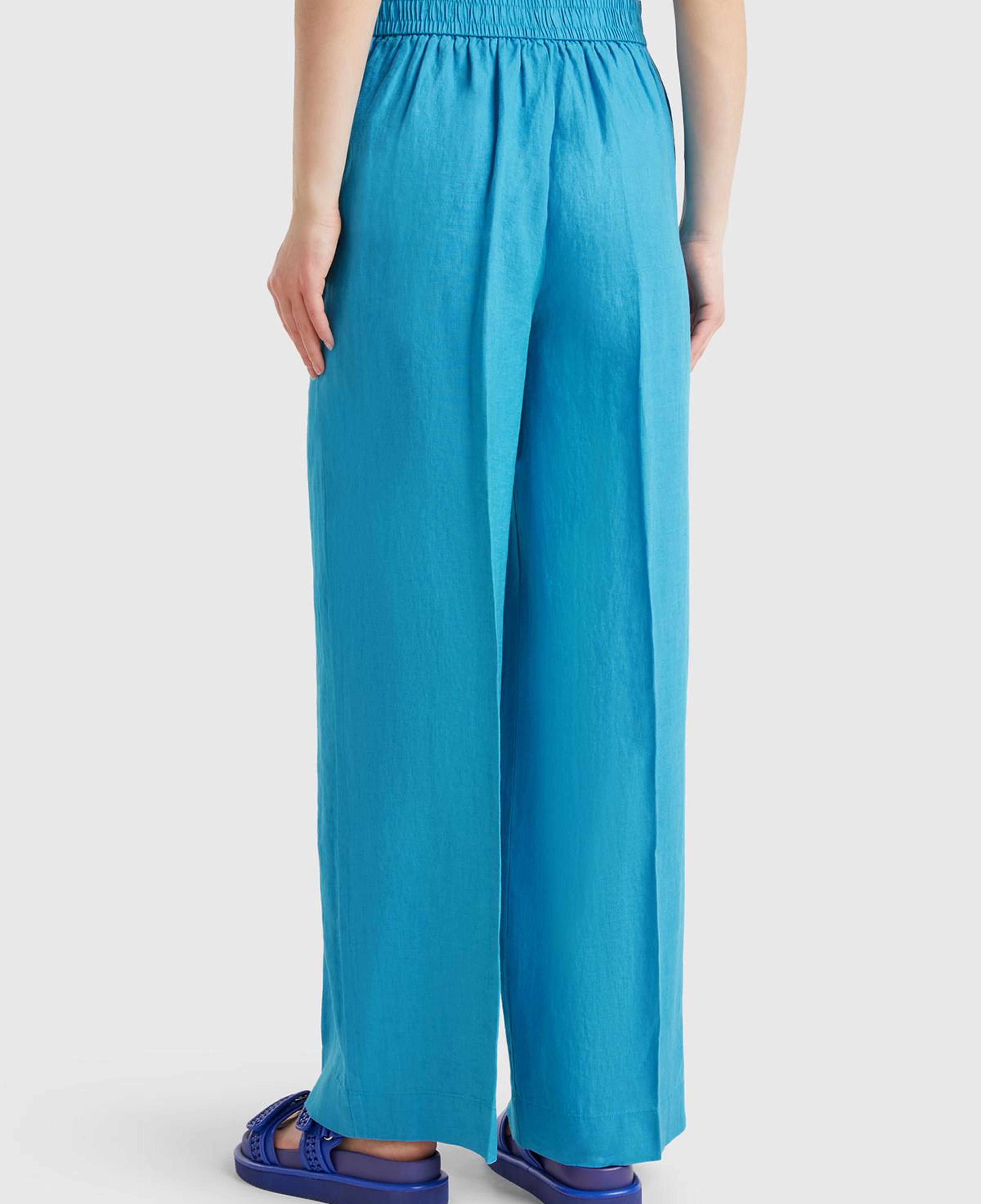 Kadın Mavi %100 Keten Yan Cepli Arka Beli Lastikli Palazzo Pantolon