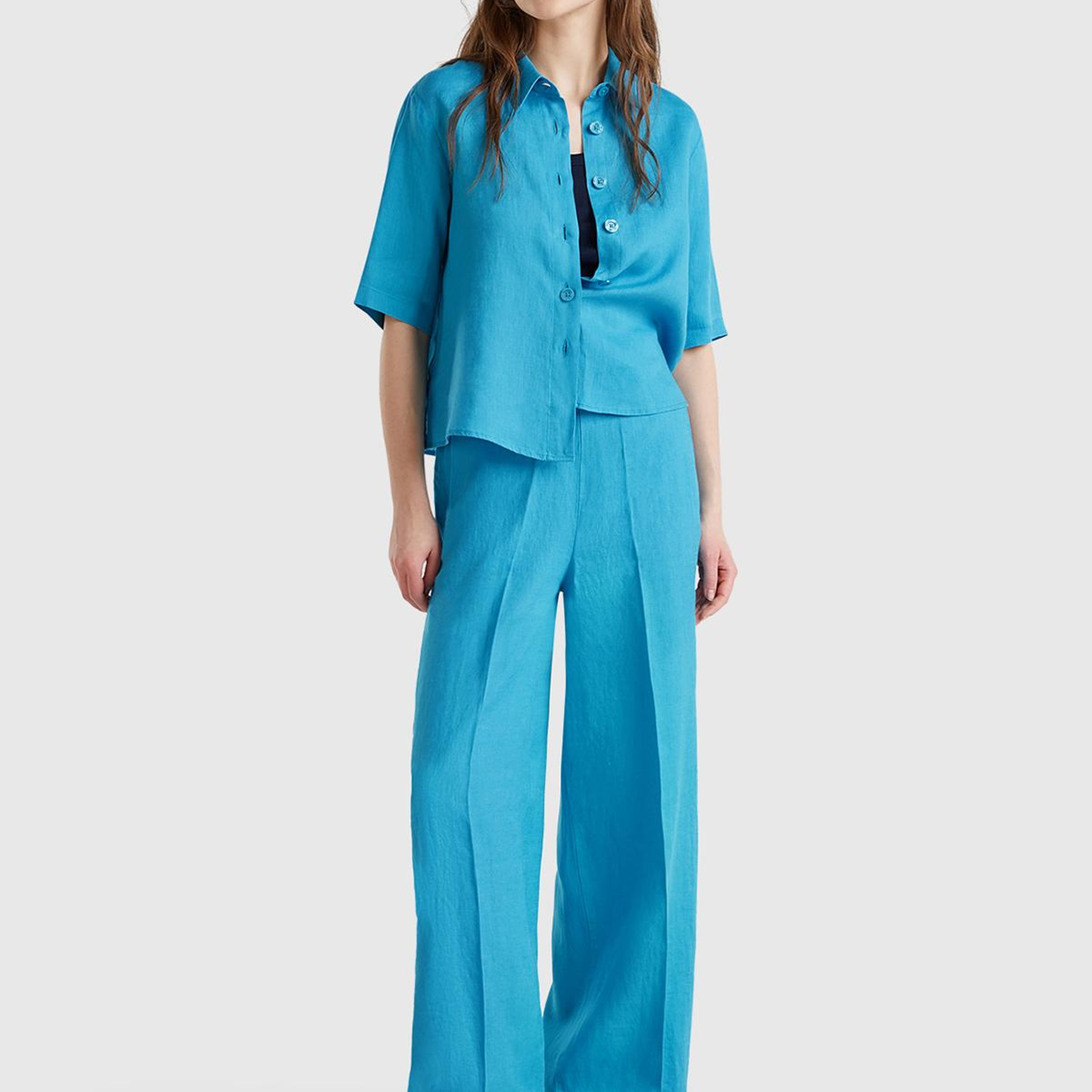 Kadın Mavi %100 Keten Yan Cepli Arka Beli Lastikli Palazzo Pantolon