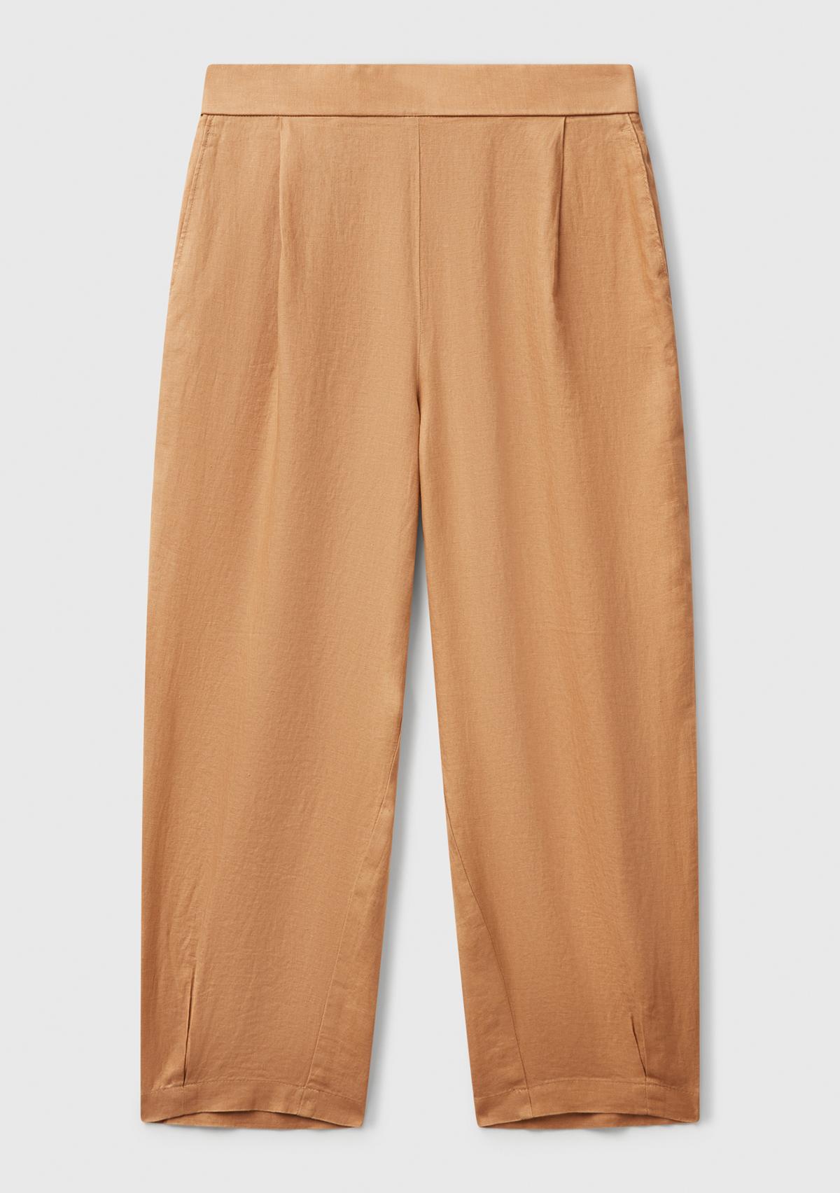 Kadın Bej %100 Keten Arka Beli Lastikli Paçası Dar Relax Fit Pantolon