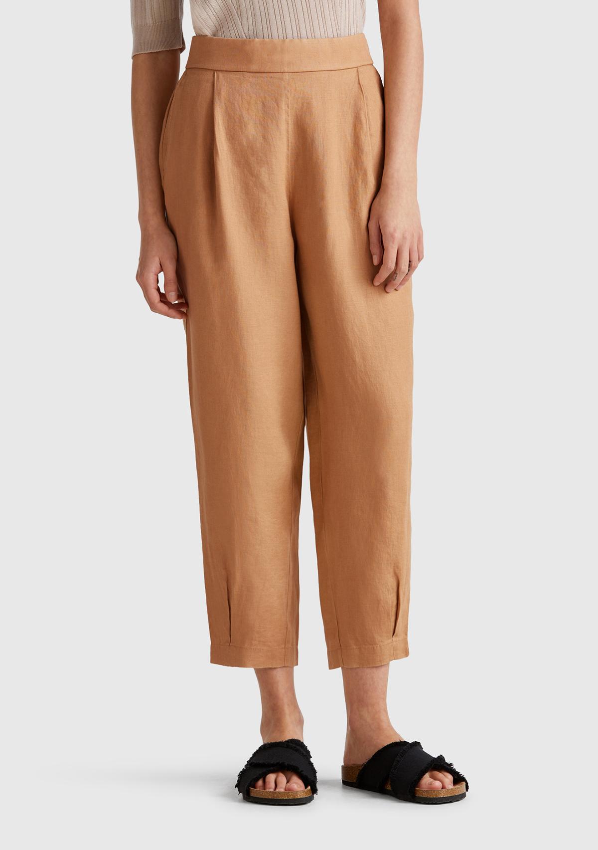 Kadın Bej %100 Keten Arka Beli Lastikli Paçası Dar Relax Fit Pantolon