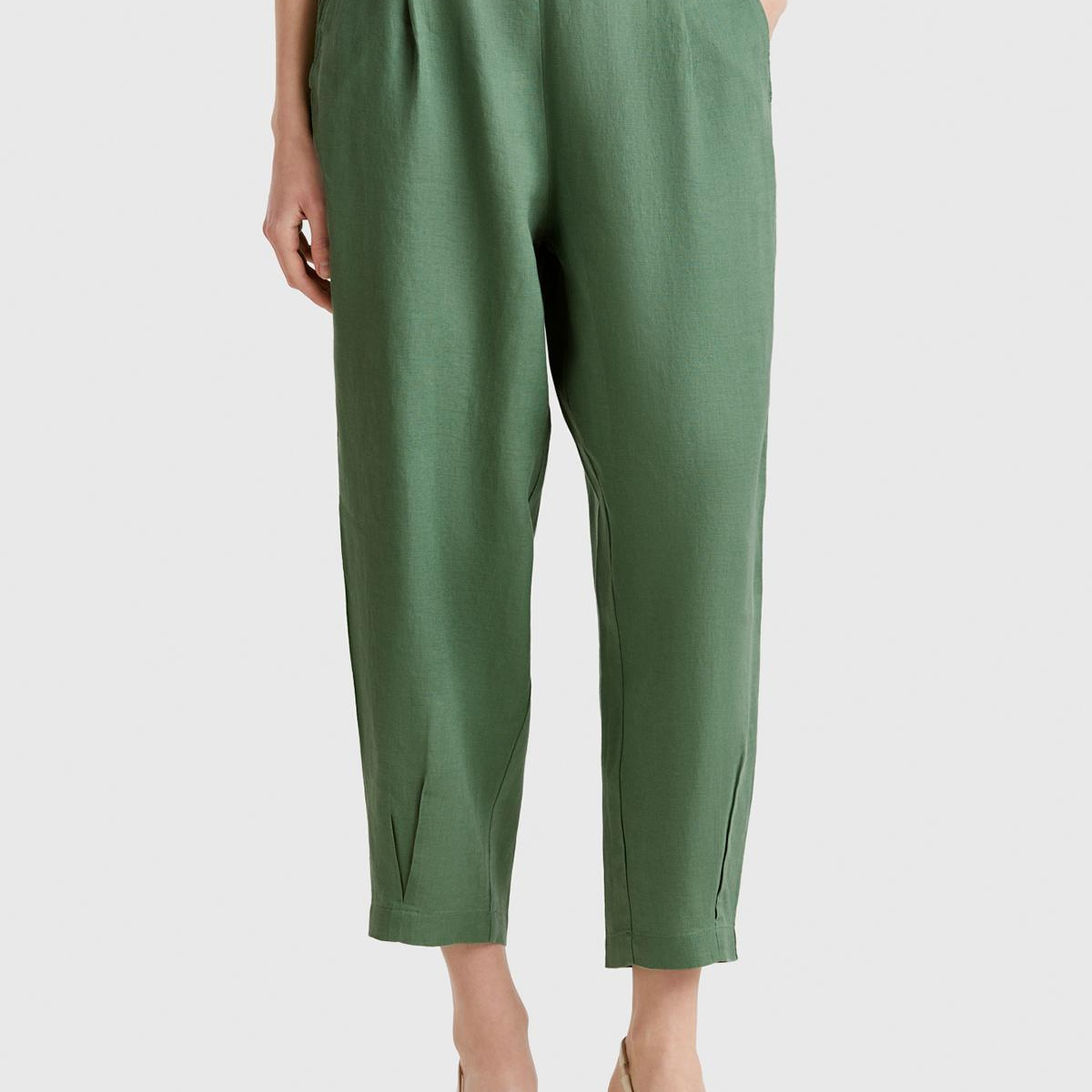 Kadın Açık Yeşil %100 Keten Arka Beli Lastikli Paçası Dar Relax Fit Pantolon