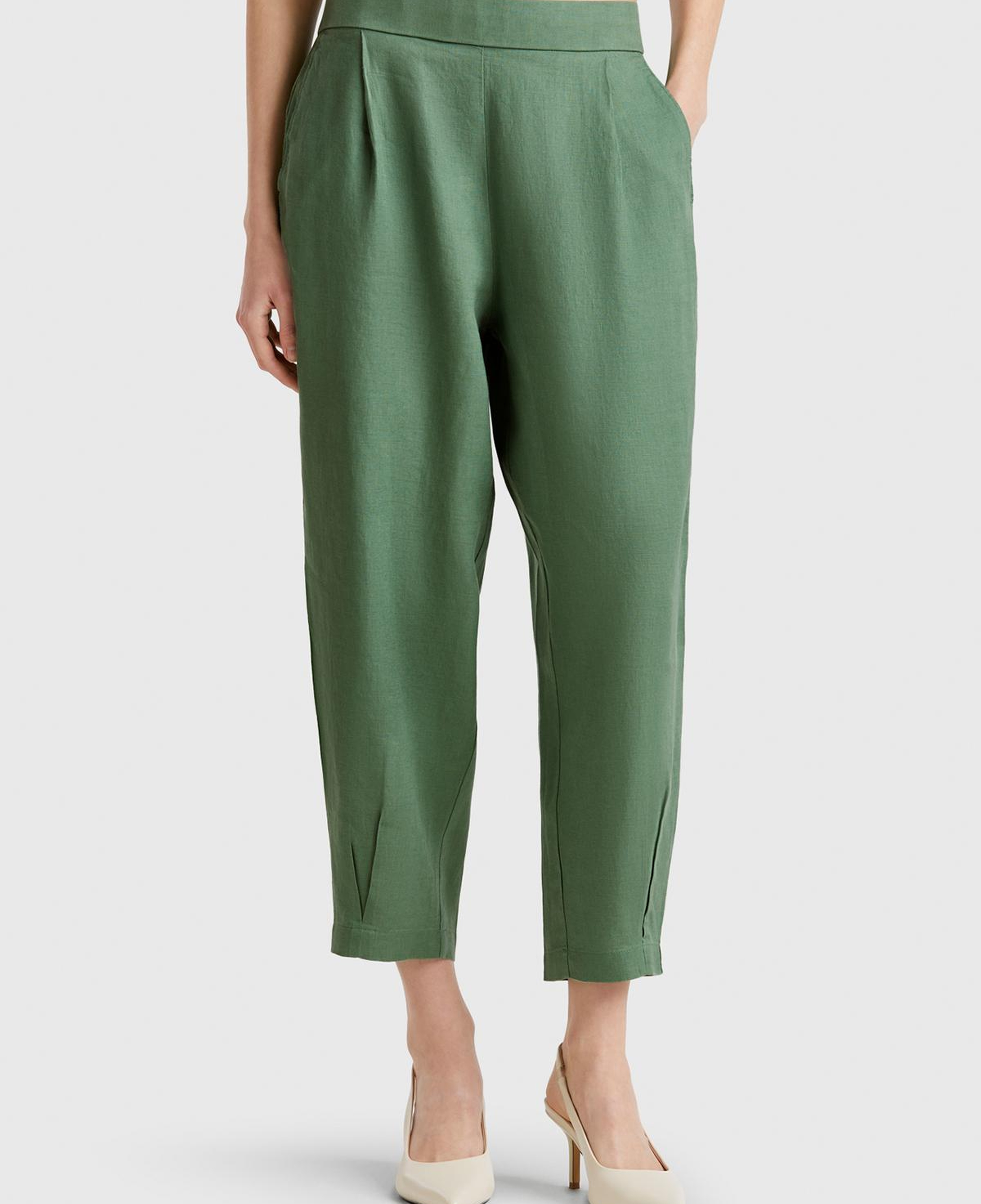 Kadın Açık Yeşil %100 Keten Arka Beli Lastikli Paçası Dar Relax Fit Pantolon