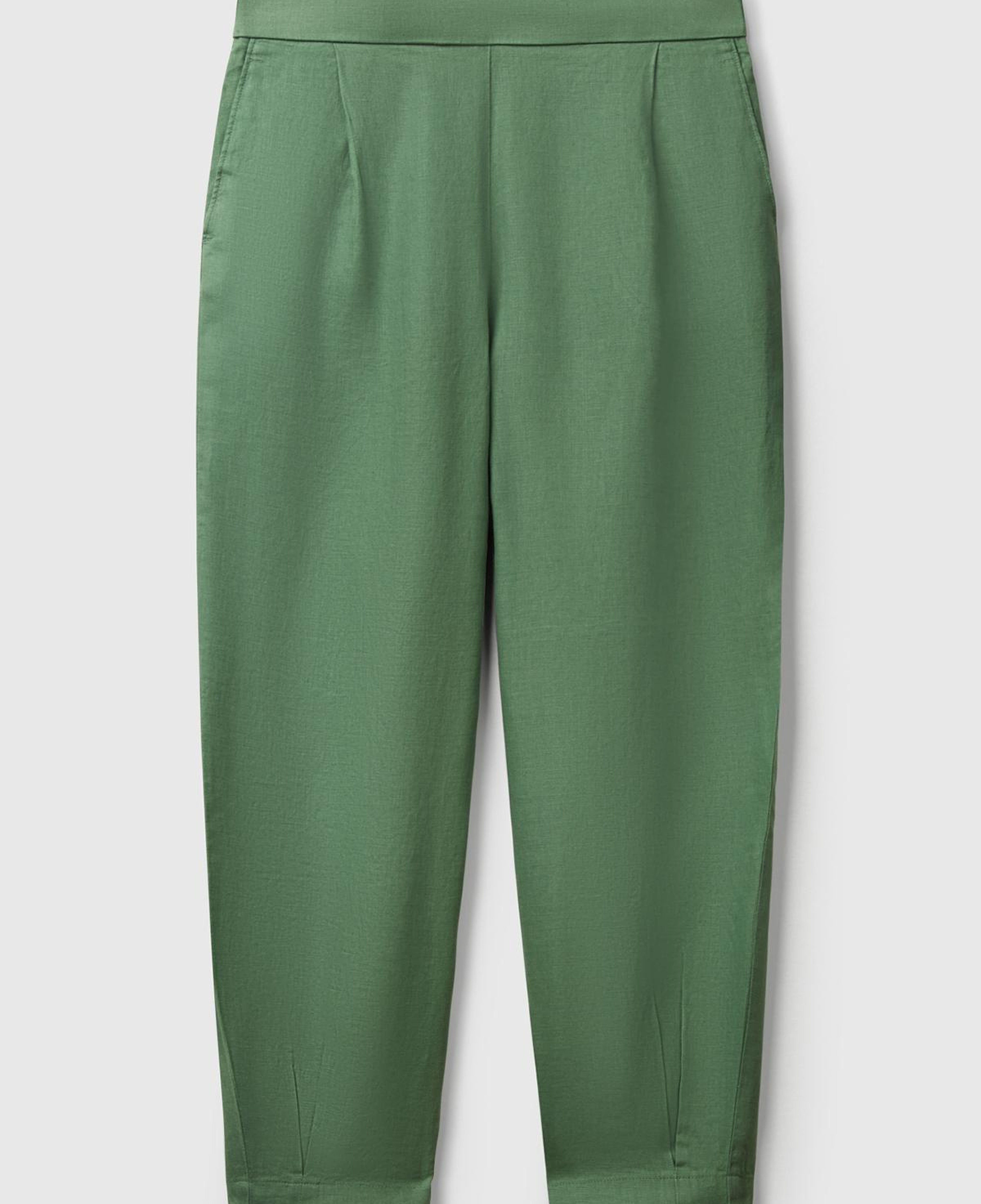 Kadın Açık Yeşil %100 Keten Arka Beli Lastikli Paçası Dar Relax Fit Pantolon