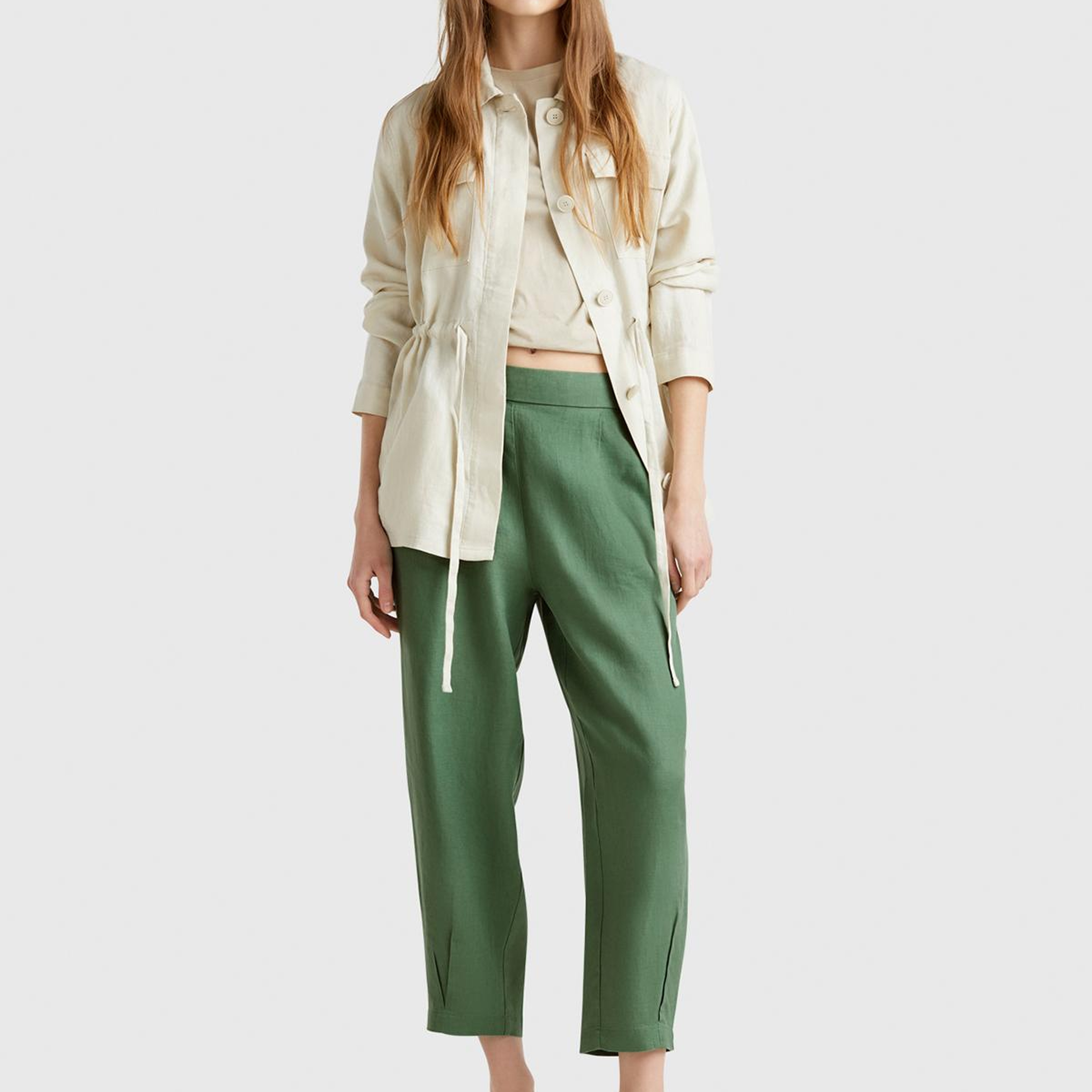 Kadın Açık Yeşil %100 Keten Arka Beli Lastikli Paçası Dar Relax Fit Pantolon