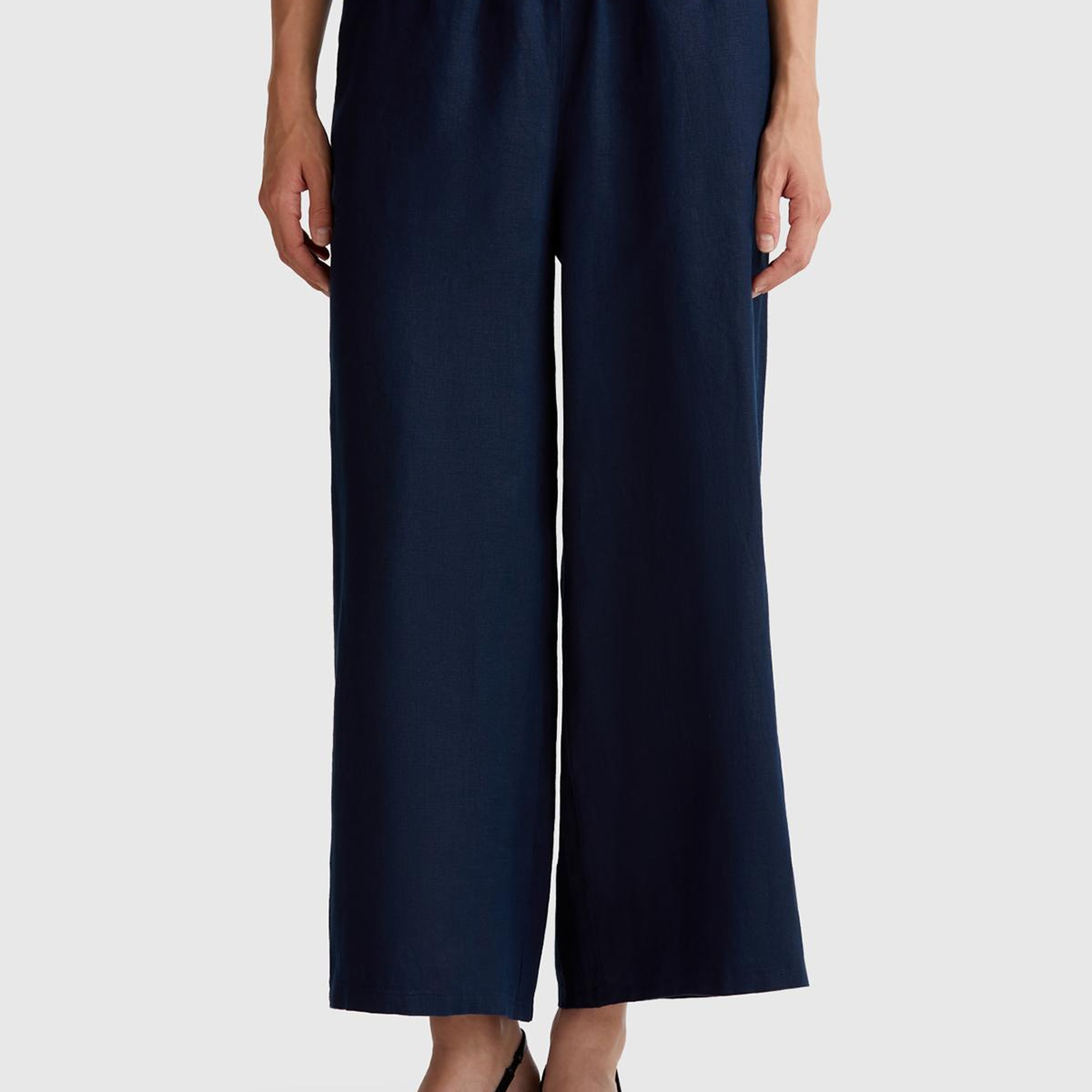 Kadın Lacivert %100 Keten Beli Lastikli Bol Kısa Paça Pantolon