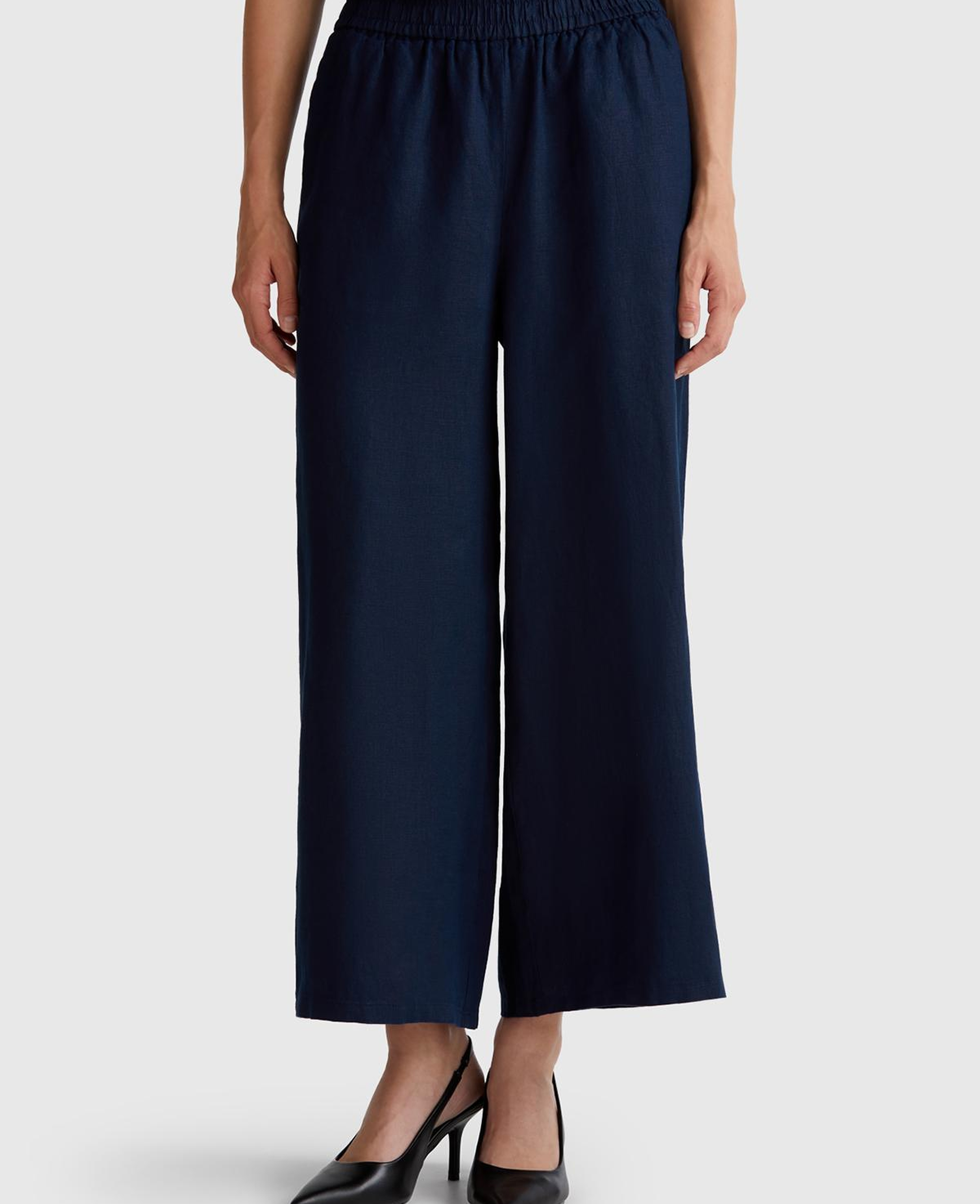 Kadın Lacivert %100 Keten Beli Lastikli Bol Kısa Paça Pantolon