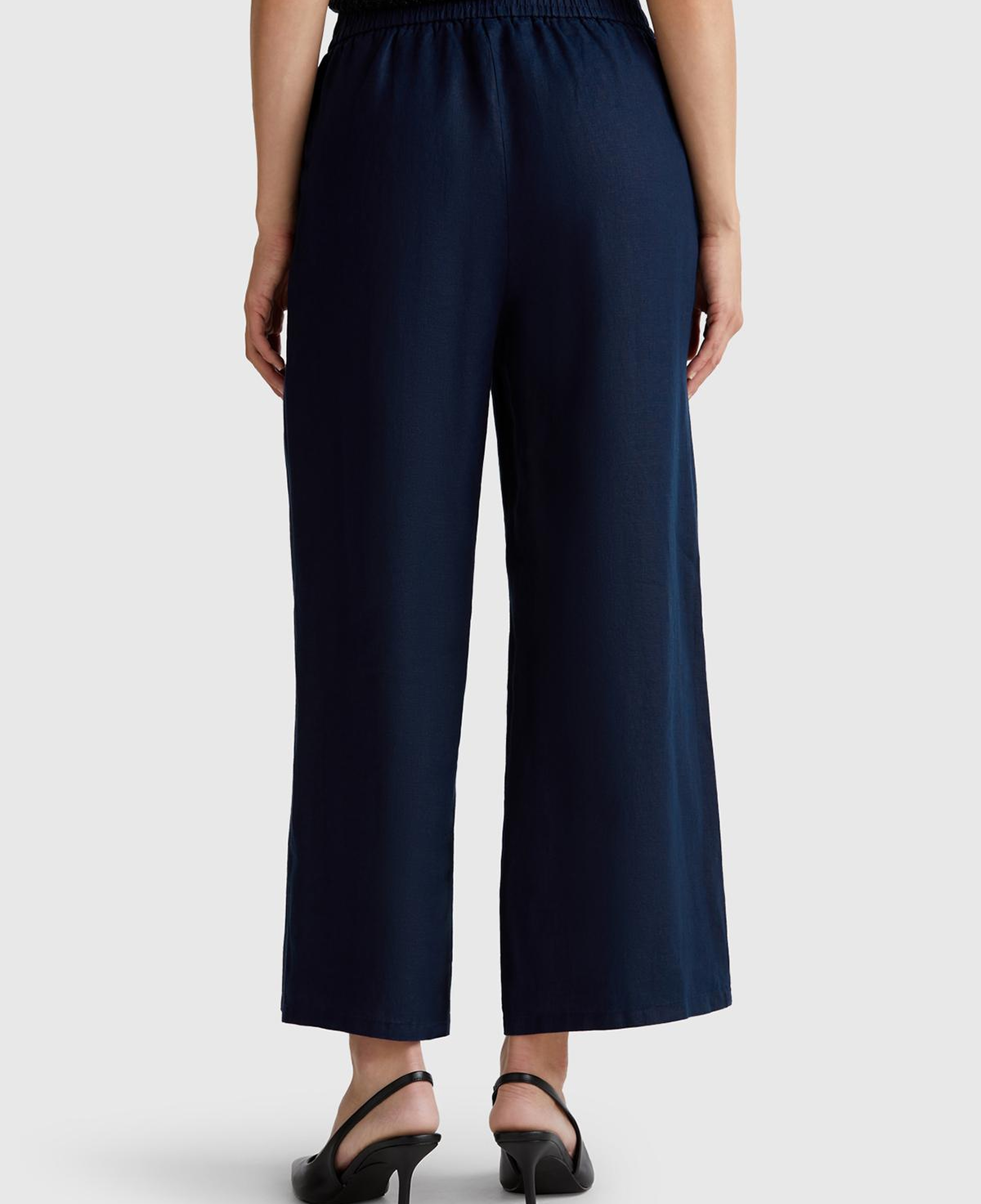 Kadın Lacivert %100 Keten Beli Lastikli Bol Kısa Paça Pantolon