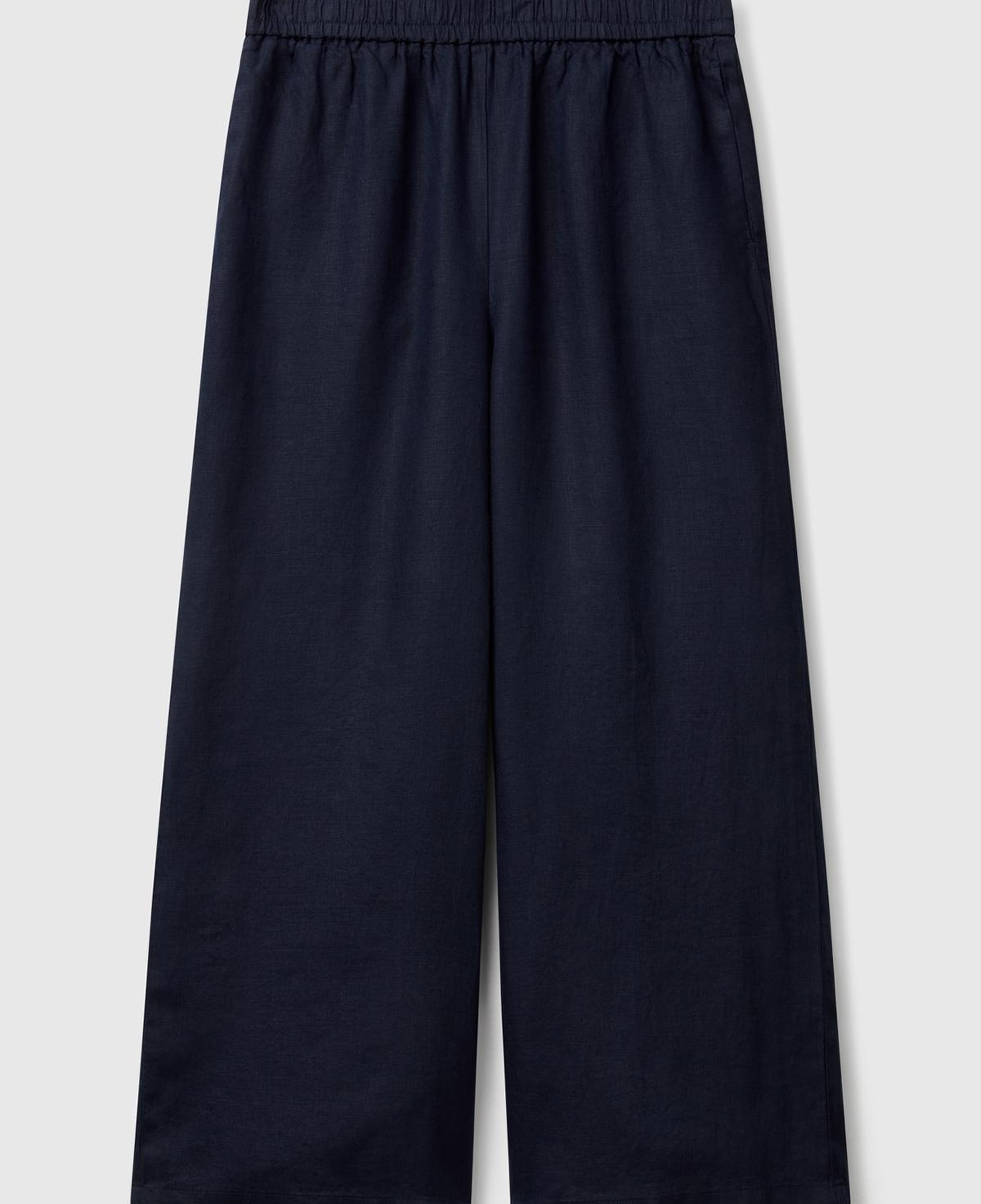 Kadın Lacivert %100 Keten Beli Lastikli Bol Kısa Paça Pantolon