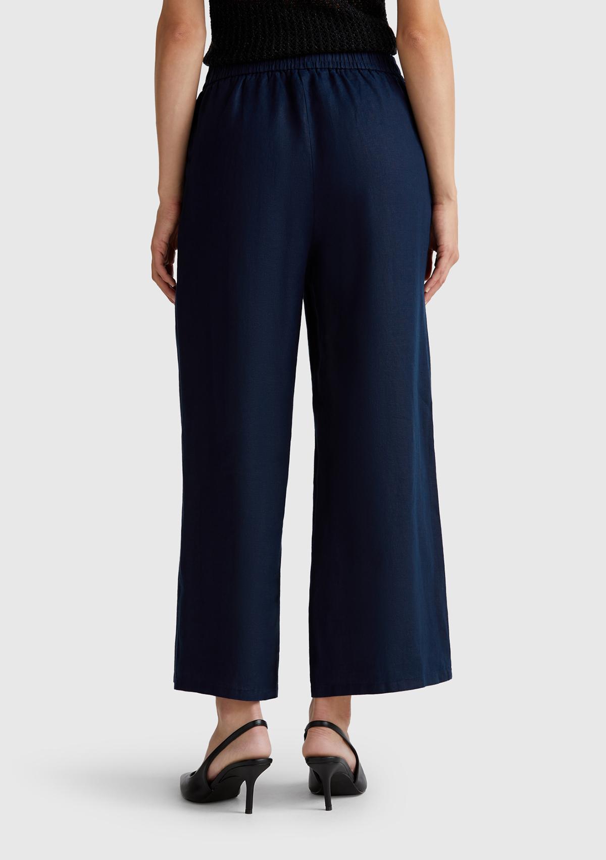 Kadın Lacivert %100 Keten Beli Lastikli Bol Kısa Paça Pantolon