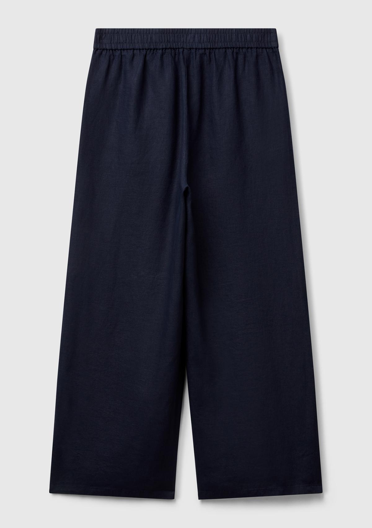 Kadın Lacivert %100 Keten Beli Lastikli Bol Kısa Paça Pantolon