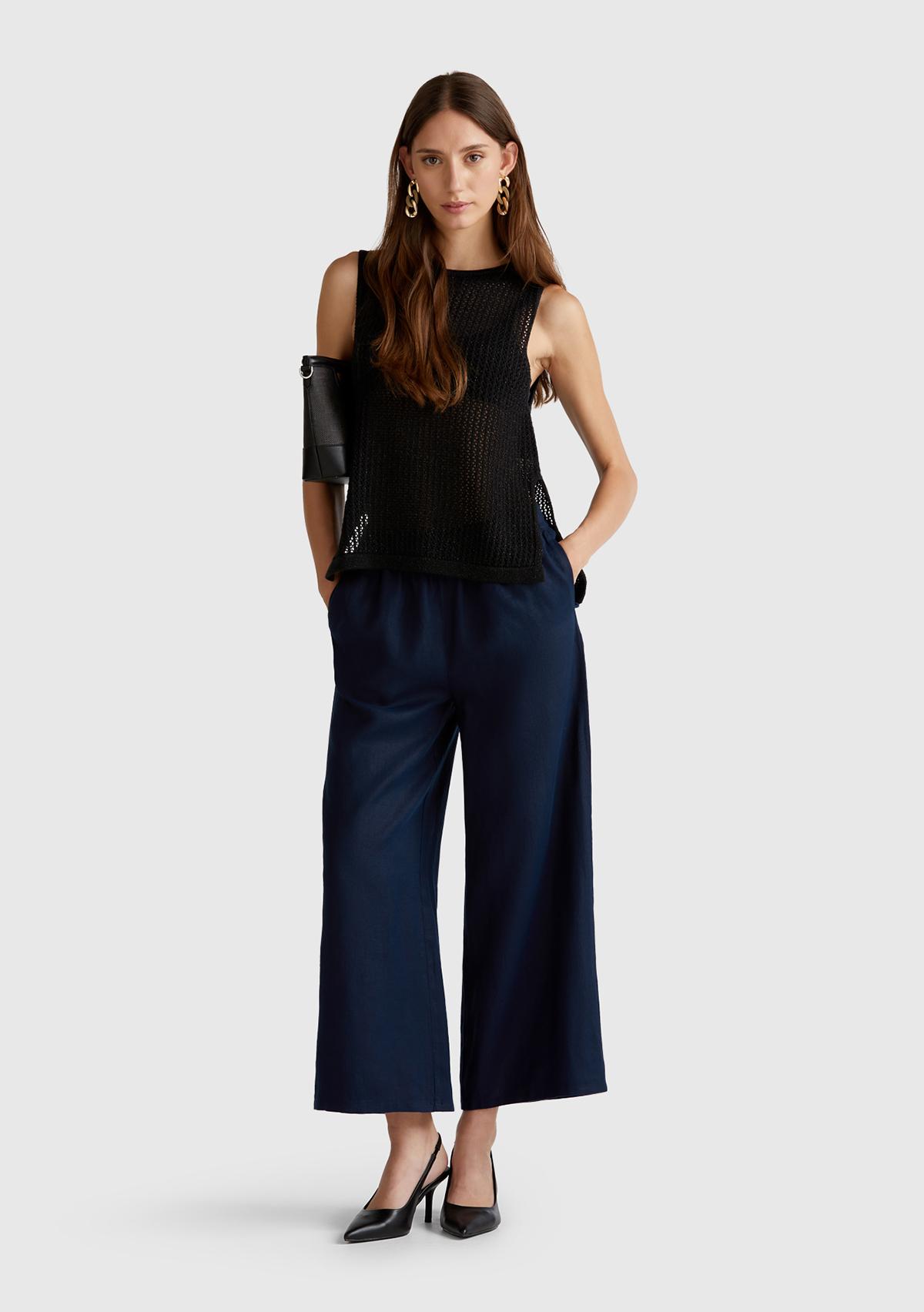 Kadın Lacivert %100 Keten Beli Lastikli Bol Kısa Paça Pantolon