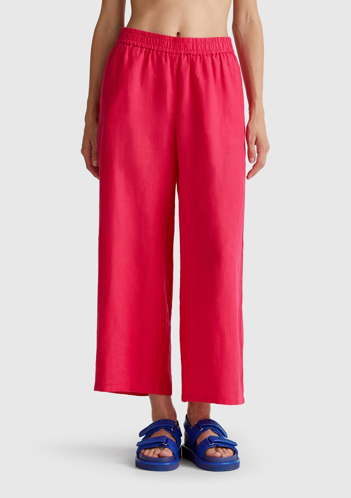 Kadın Fuşya %100 Keten Beli Lastikli Bol Kısa Paça Pantolon