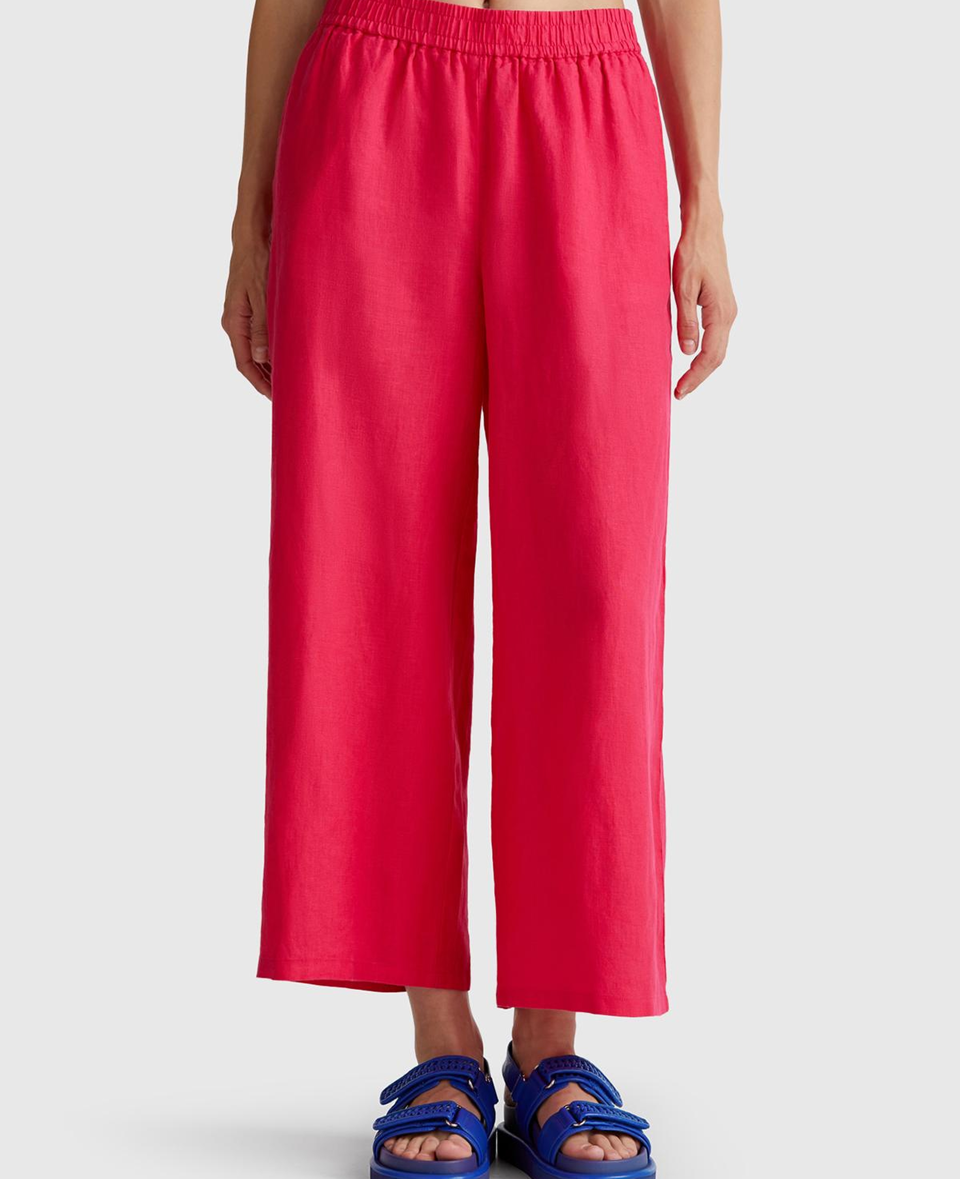 Kadın Fuşya %100 Keten Beli Lastikli Bol Kısa Paça Pantolon