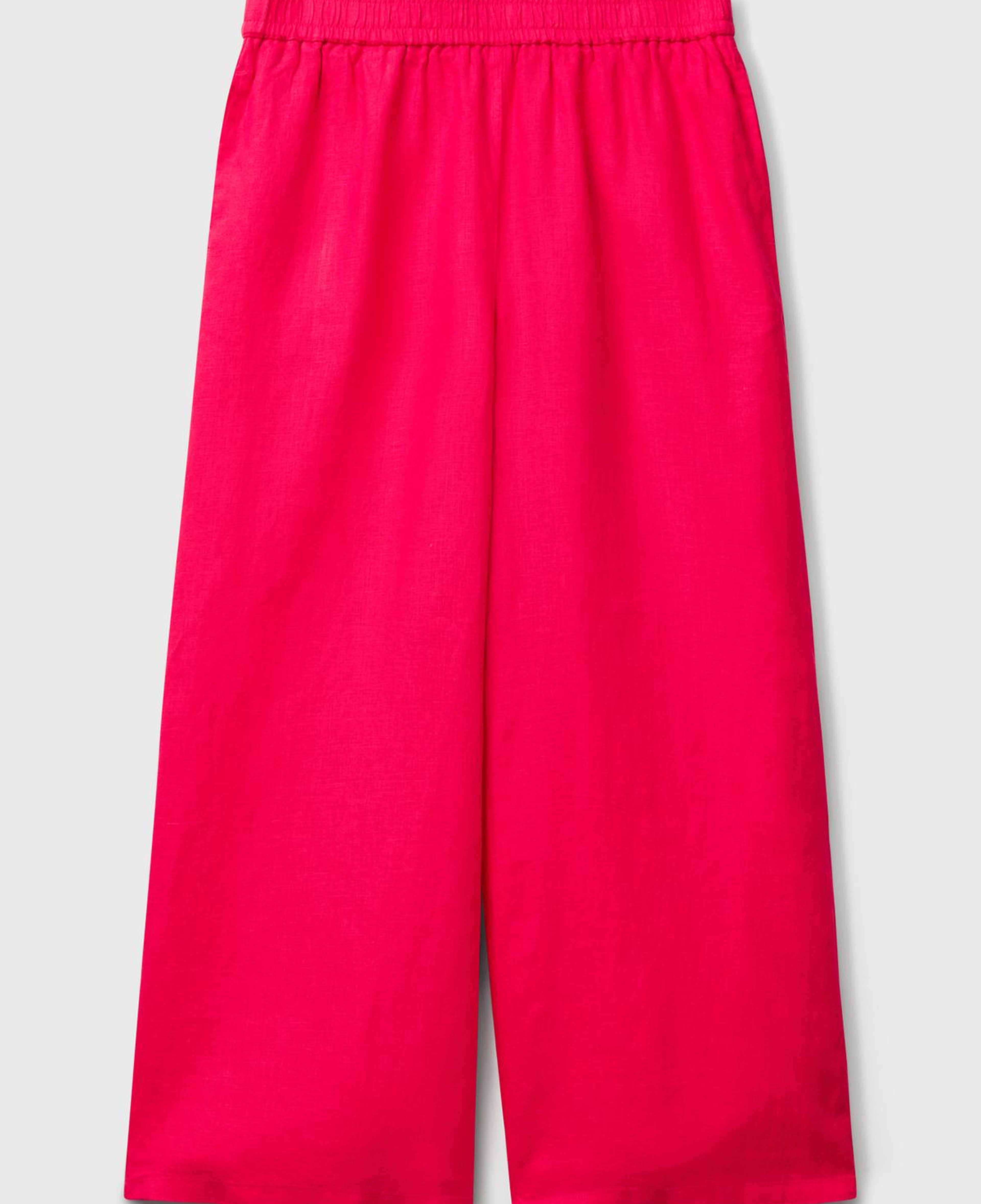 Kadın Fuşya %100 Keten Beli Lastikli Bol Kısa Paça Pantolon