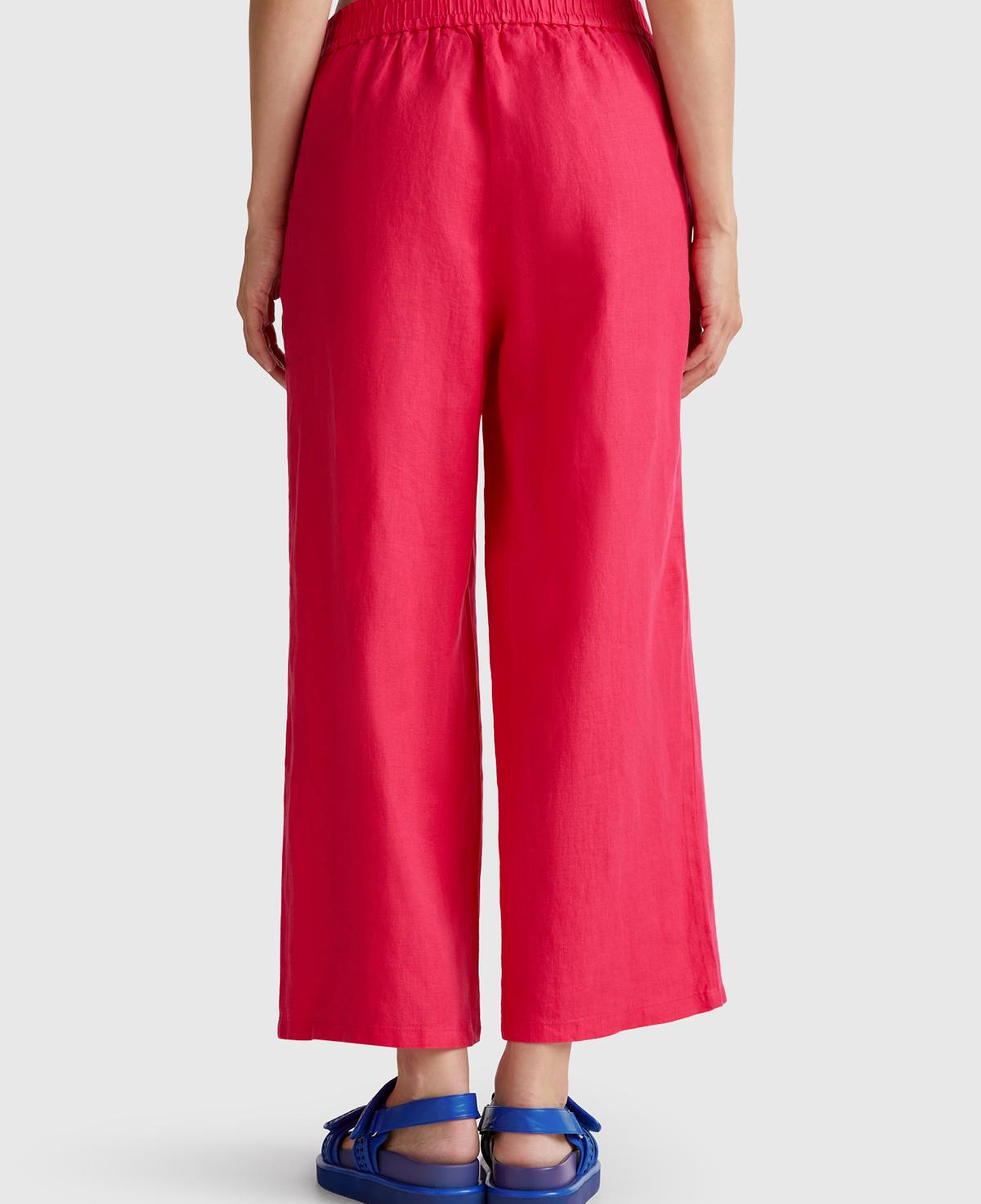 Kadın Fuşya %100 Keten Beli Lastikli Bol Kısa Paça Pantolon