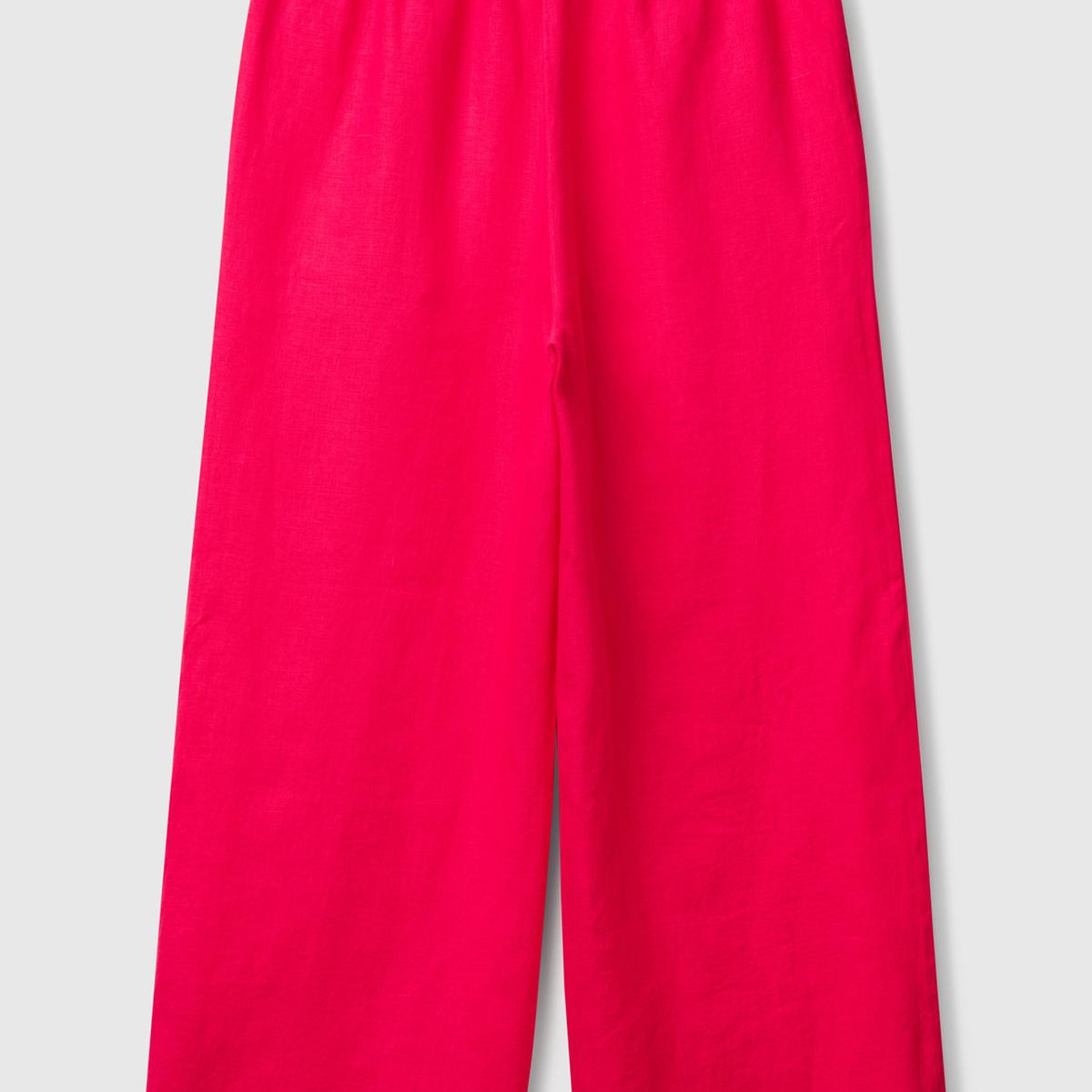 Kadın Fuşya %100 Keten Beli Lastikli Bol Kısa Paça Pantolon