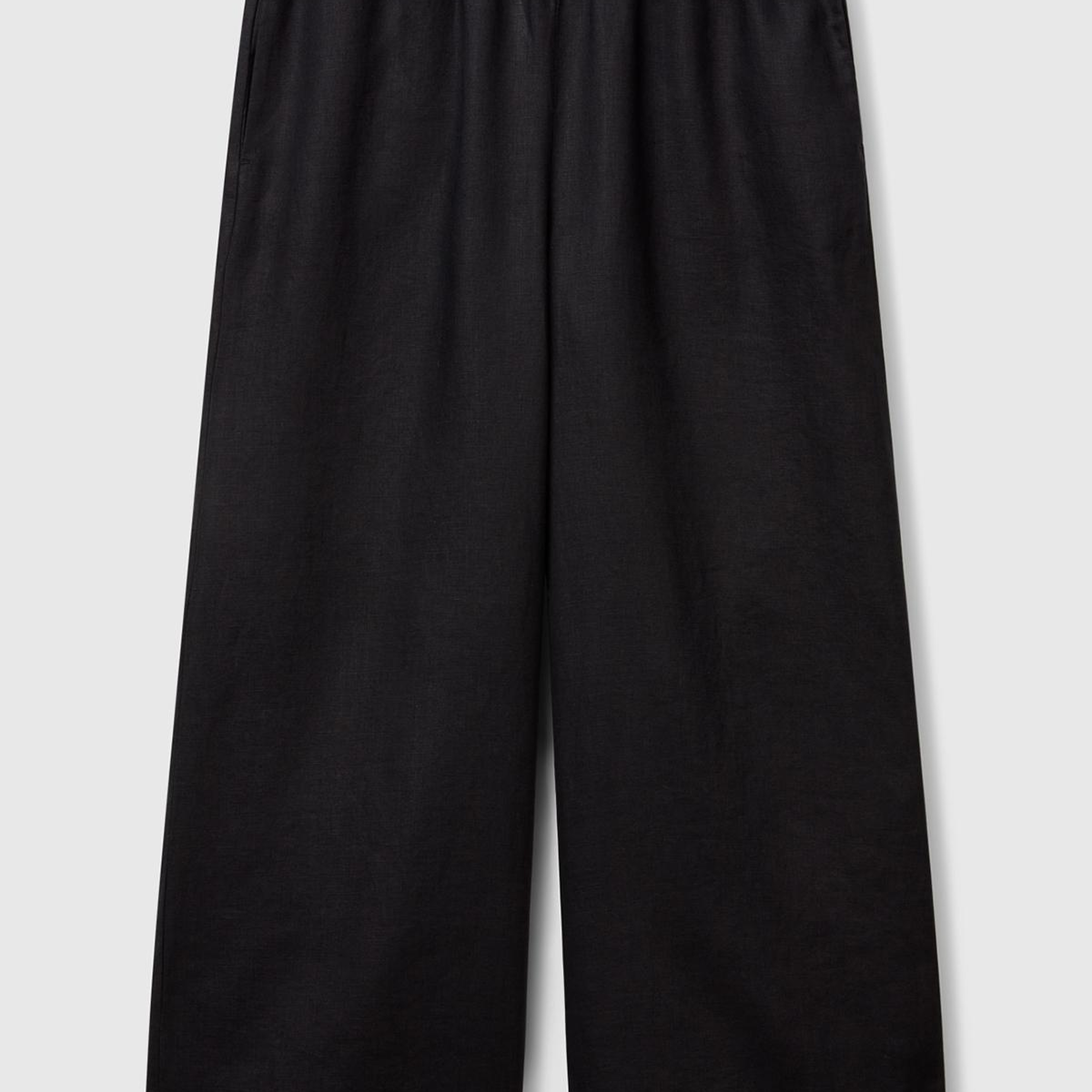 Kadın Siyah %100 Keten Beli Lastikli Bol Kısa Paça Pantolon