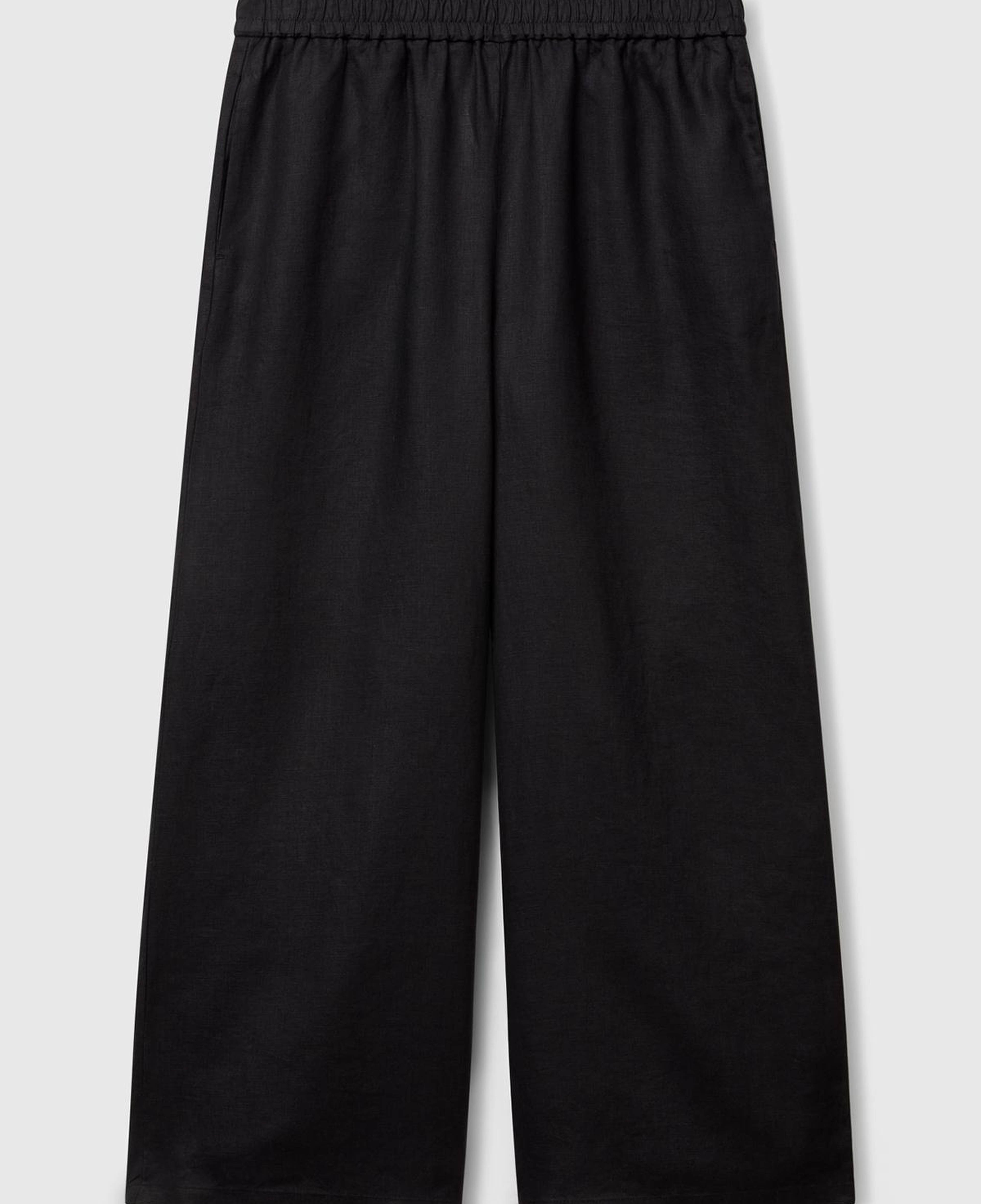 Kadın Siyah %100 Keten Beli Lastikli Bol Kısa Paça Pantolon