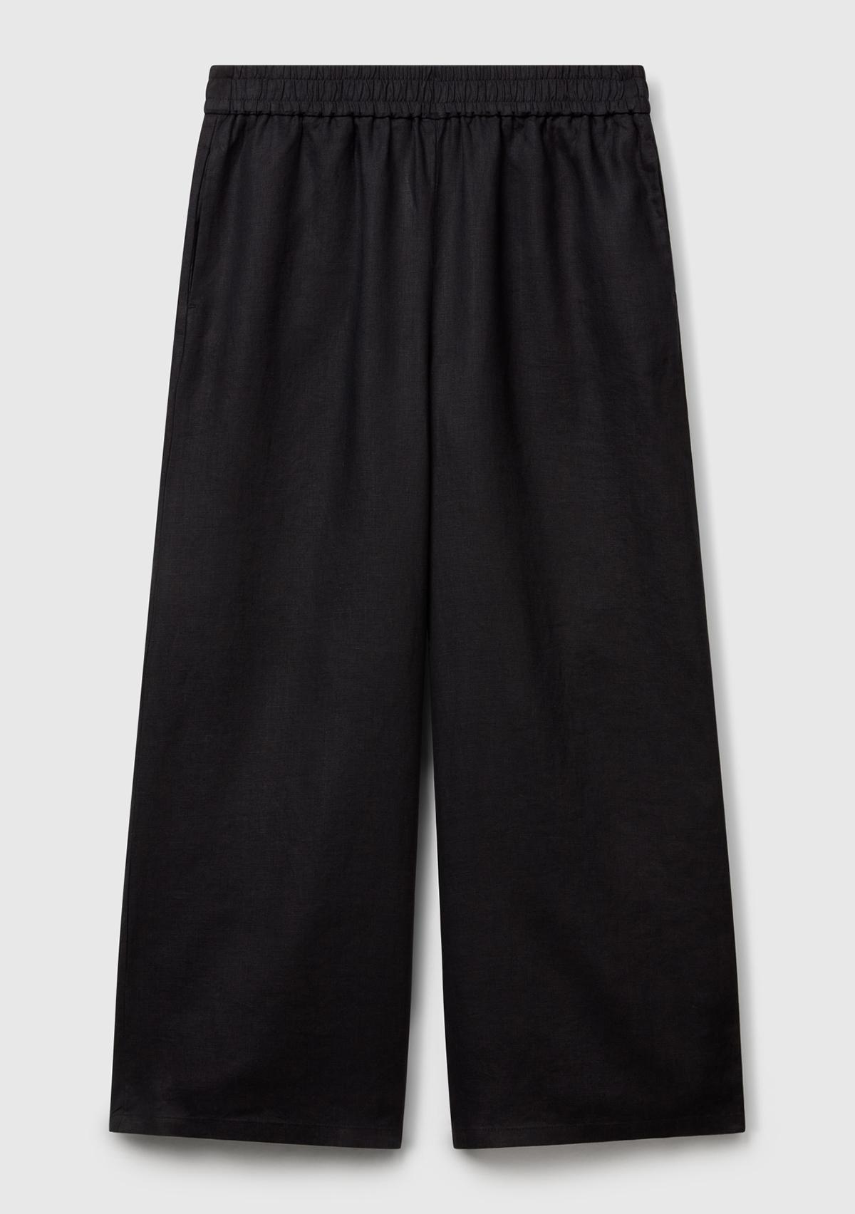 Kadın Siyah %100 Keten Beli Lastikli Bol Kısa Paça Pantolon