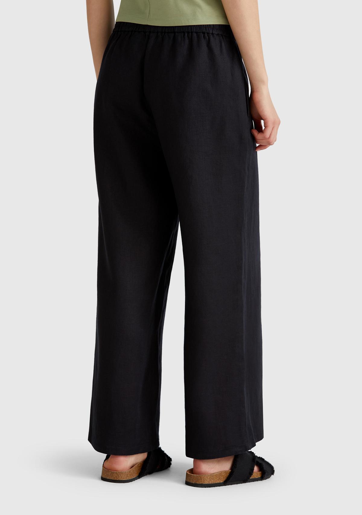 Kadın Siyah %100 Keten Beli Lastikli Bol Kısa Paça Pantolon