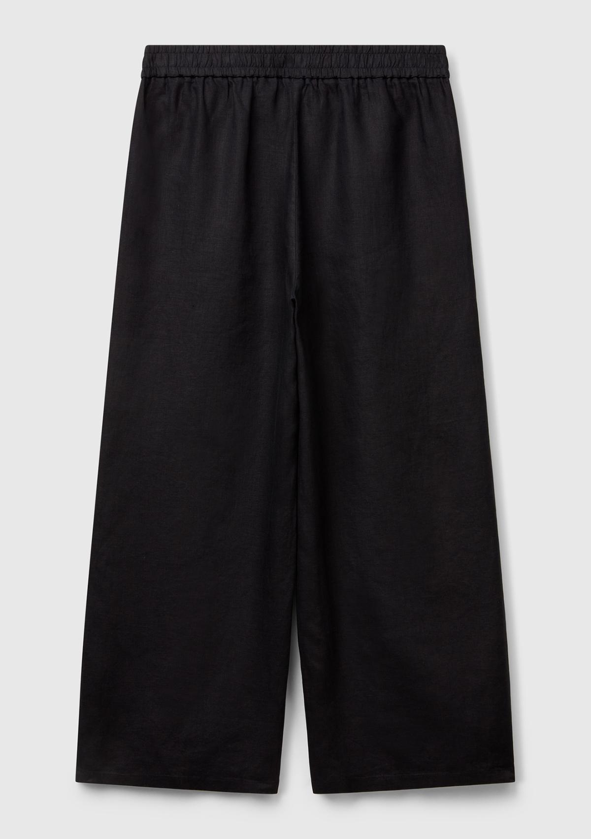 Kadın Siyah %100 Keten Beli Lastikli Bol Kısa Paça Pantolon