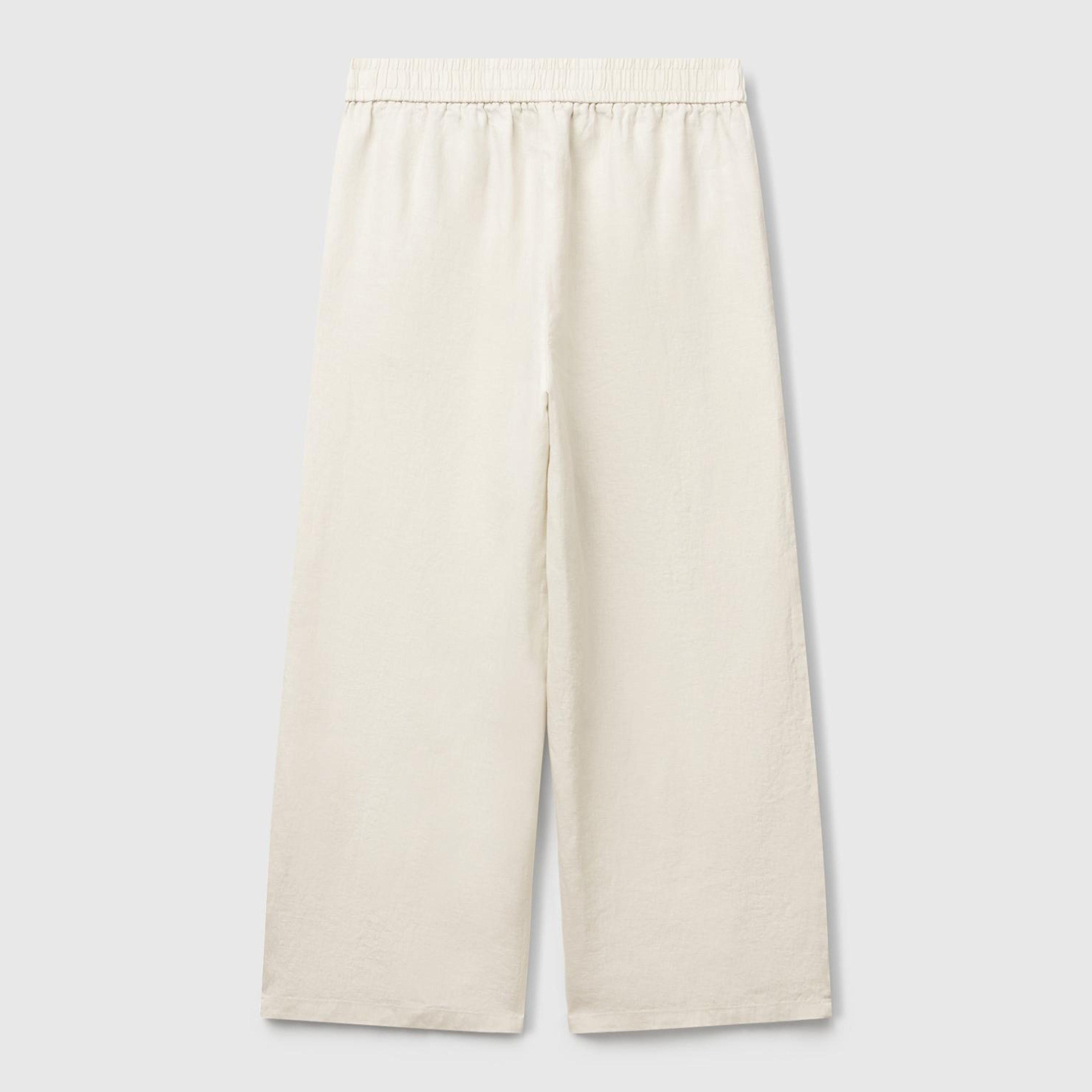 Kadın Taş Rengi %100 Keten Beli Lastikli Bol Kısa Paça Pantolon