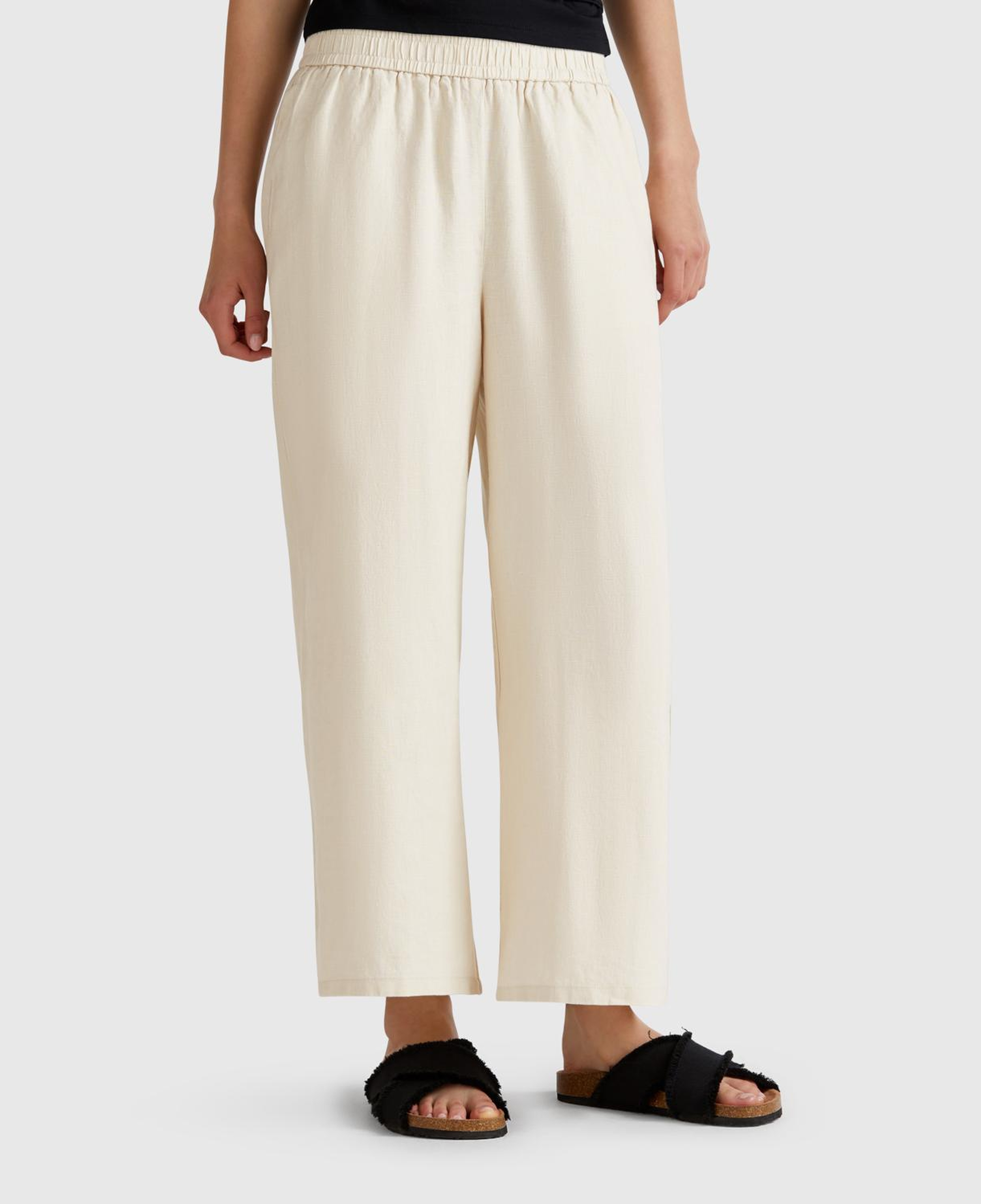 Kadın Taş Rengi %100 Keten Beli Lastikli Bol Kısa Paça Pantolon