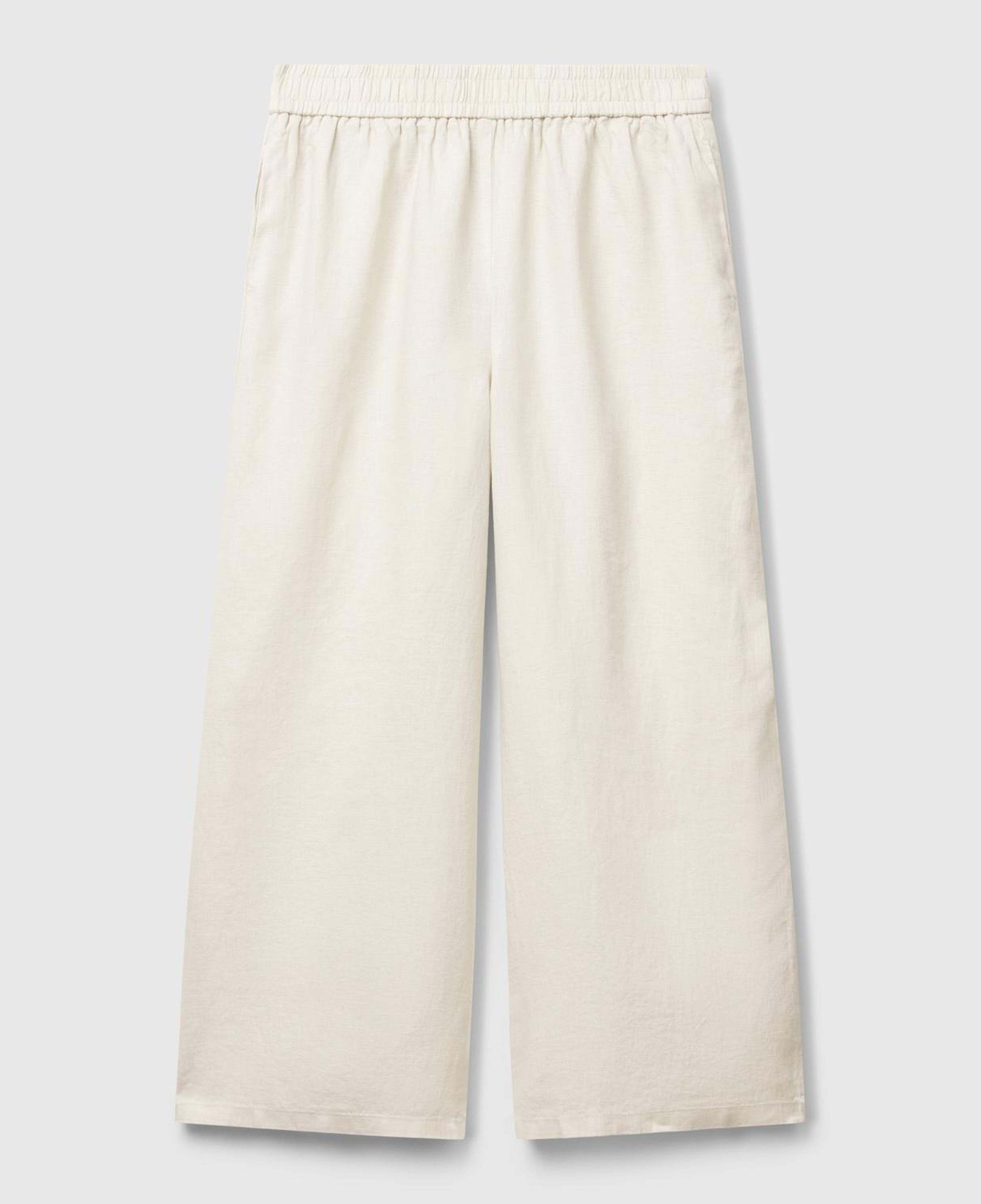 Kadın Taş Rengi %100 Keten Beli Lastikli Bol Kısa Paça Pantolon