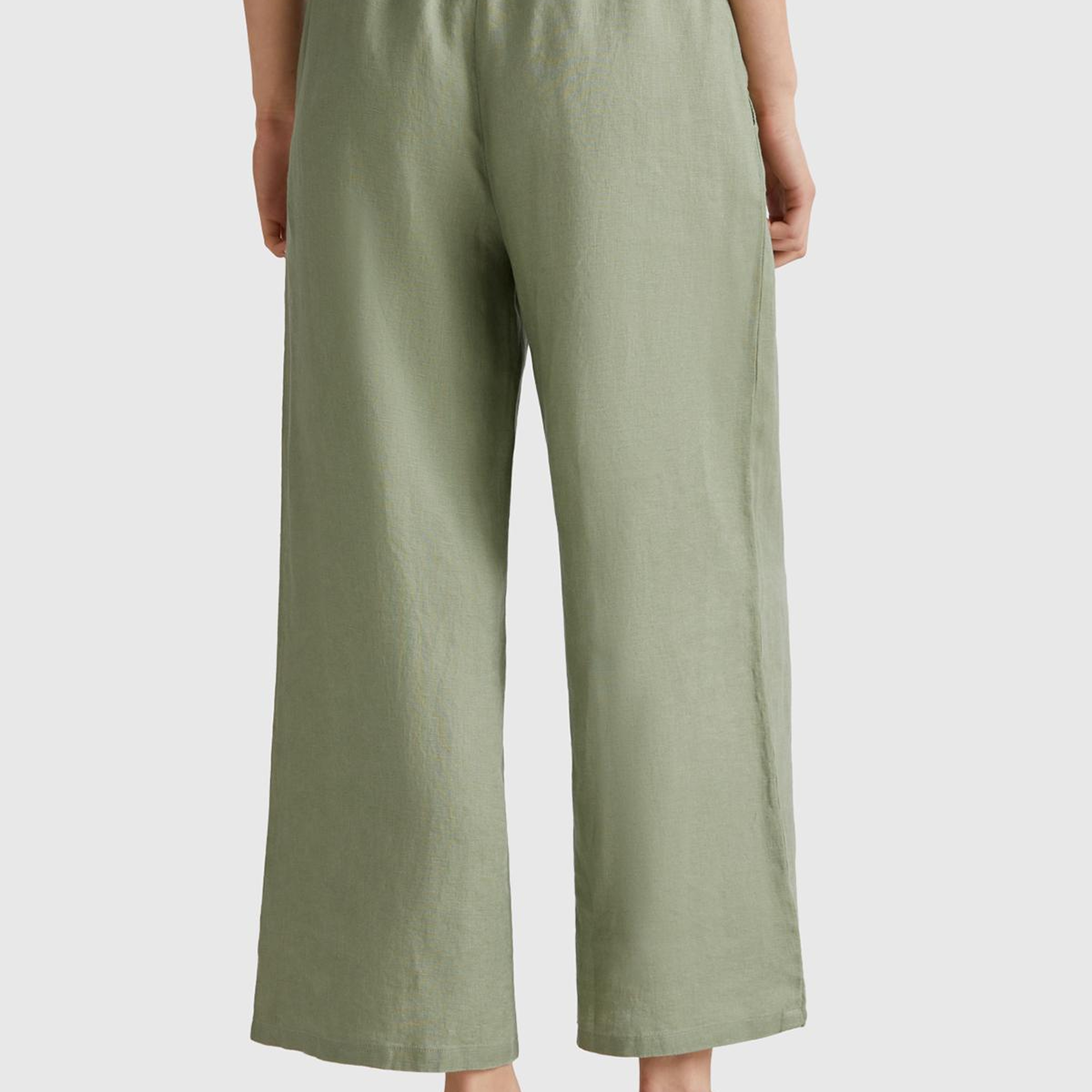 Kadın Adaçayı yeşili %100 Keten Beli Lastikli Bol Kısa Paça Pantolon