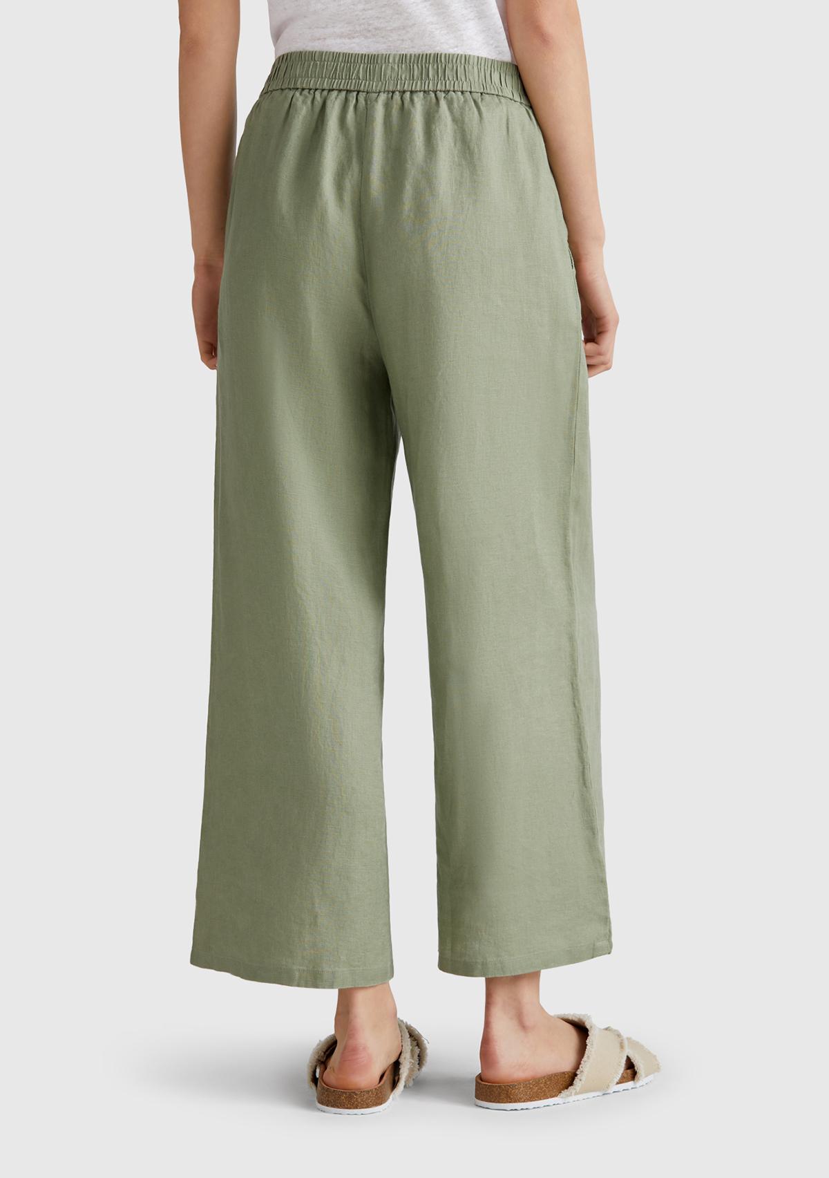 Kadın Adaçayı yeşili %100 Keten Beli Lastikli Bol Kısa Paça Pantolon