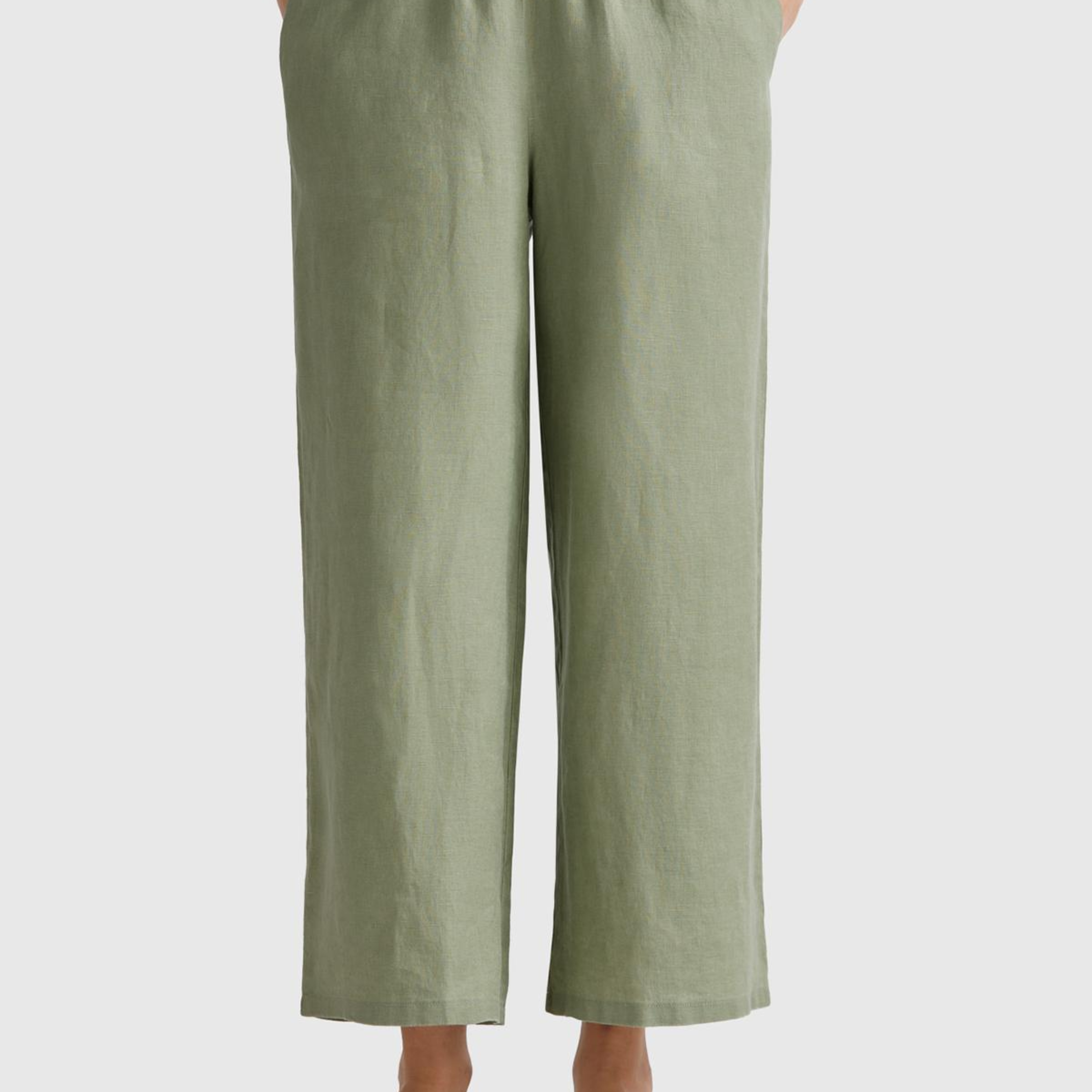 Kadın Adaçayı yeşili %100 Keten Beli Lastikli Bol Kısa Paça Pantolon