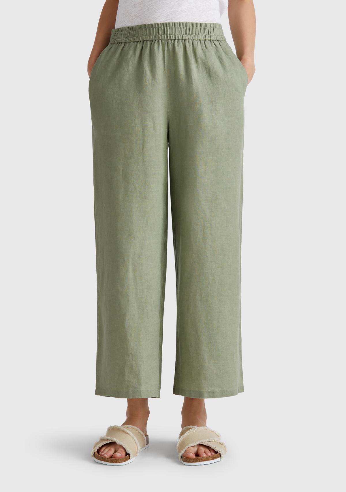 Kadın Adaçayı yeşili %100 Keten Beli Lastikli Bol Kısa Paça Pantolon