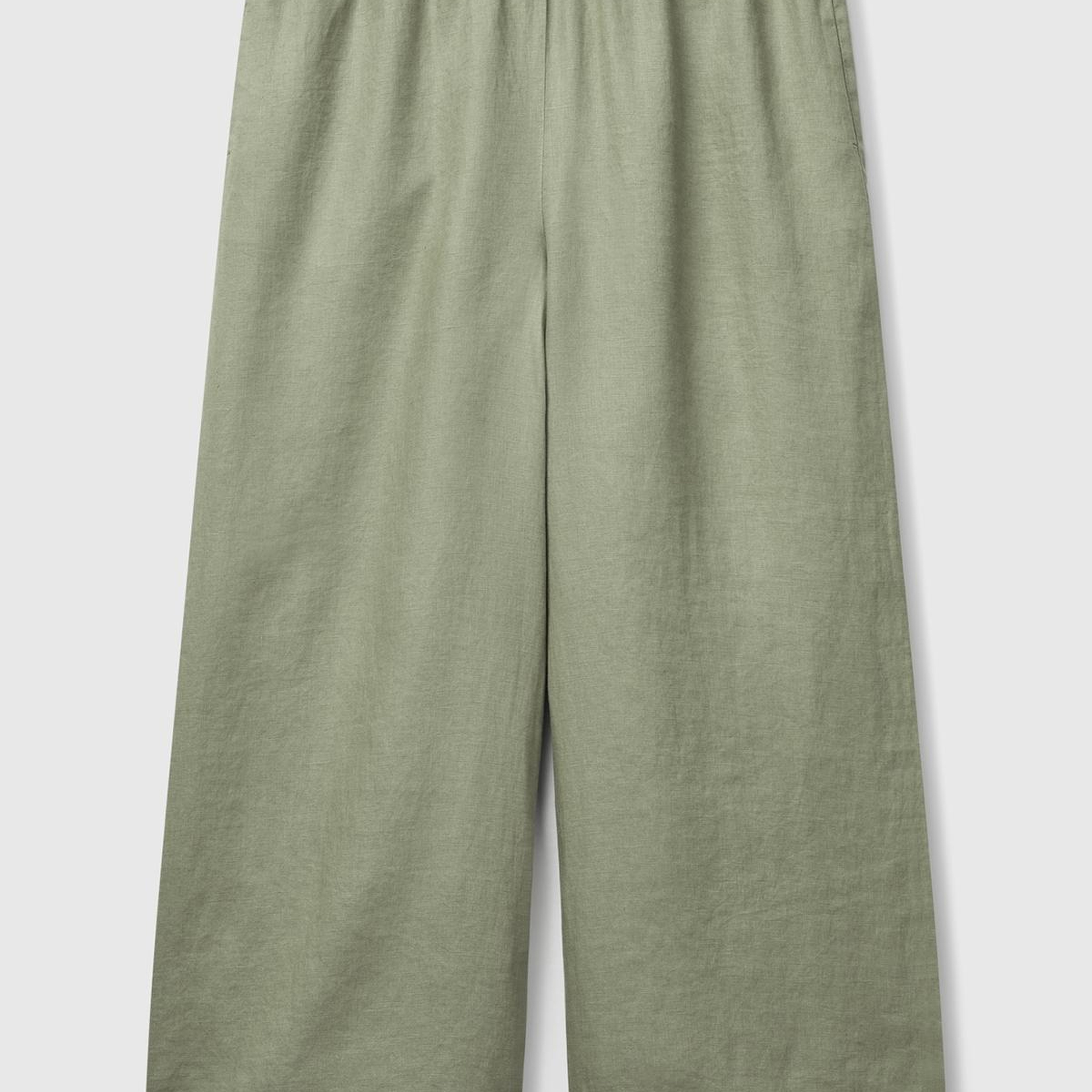 Kadın Adaçayı yeşili %100 Keten Beli Lastikli Bol Kısa Paça Pantolon