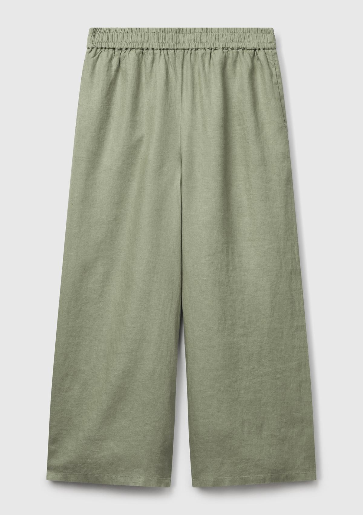 Kadın Adaçayı yeşili %100 Keten Beli Lastikli Bol Kısa Paça Pantolon